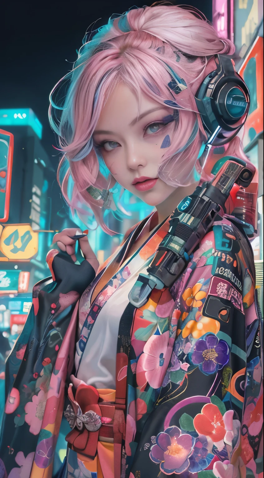 masterpiece, highest quality, Cyberpunk girls, wearing a Japanese kimono, Bold colors and patterns, eye-catching accessories, Trendy and innovative hairstyles, bright makeup, Cyberpunk dazzling cityscape, A street like Taipei,Pink stands out,skyscraper, neon sign, led lights, Bright and vivid color scheme, anime, figure, fine skin texture, fine cloth texture, beautiful detailed face, intricate details, Super detailed,Have a machine gun