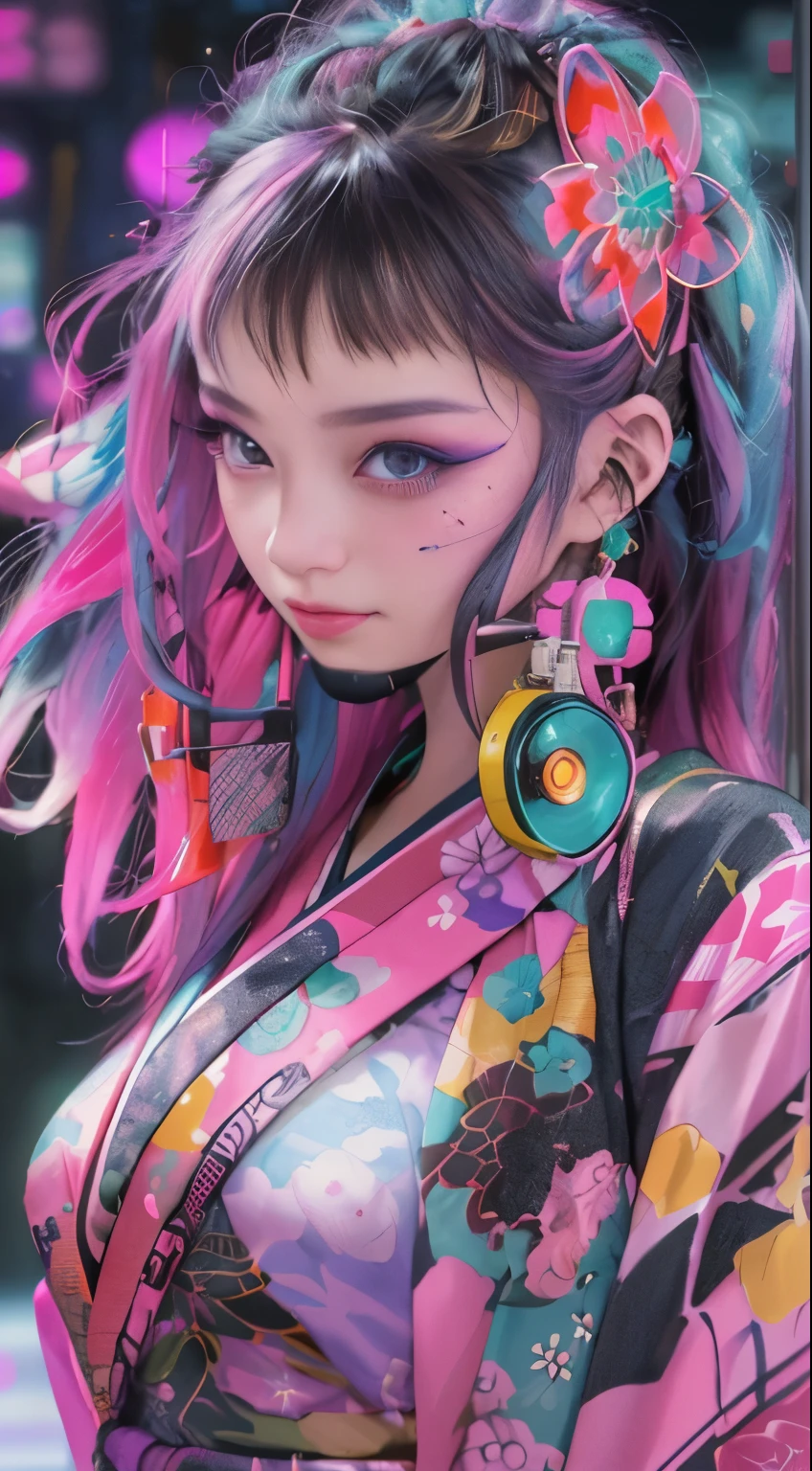masterpiece, highest quality, Cyberpunk girls, wearing a Japanese kimono, Bold colors and patterns, eye-catching accessories, Trendy and innovative hairstyles, bright makeup, Cyberpunk dazzling cityscape, A street like Taipei,Pink stands out,skyscraper, neon sign, led lights, Bright and vivid color scheme, anime, figure, fine skin texture, fine cloth texture, beautiful detailed face, intricate details, Super detailed,Trying to shoot with an assault rifle