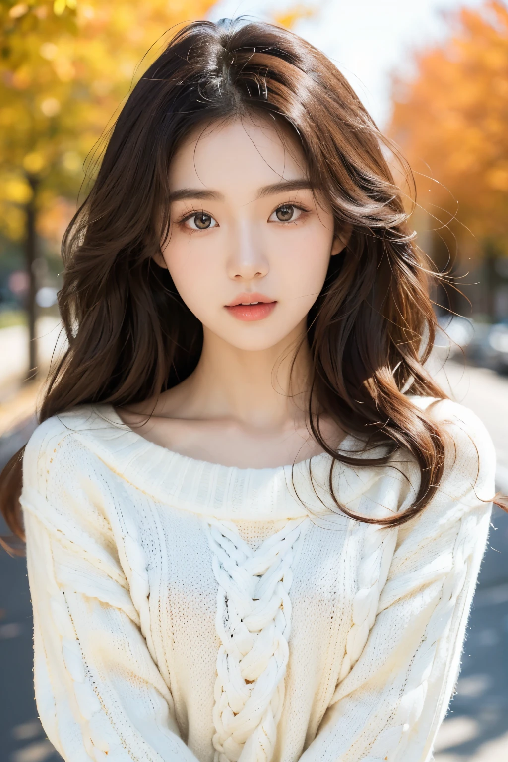 A Korean girl with a pure and sweet demeanor, exquisite facial features and captivating eyes. Her skin is snow-white, juxtaposed beautifully with her brown, naturally curly hair. She wears a shoulder-baring sweater, radiating natural beauty under the bright sunshine. The background is softly muted, perfect for her personal photo shoot.
