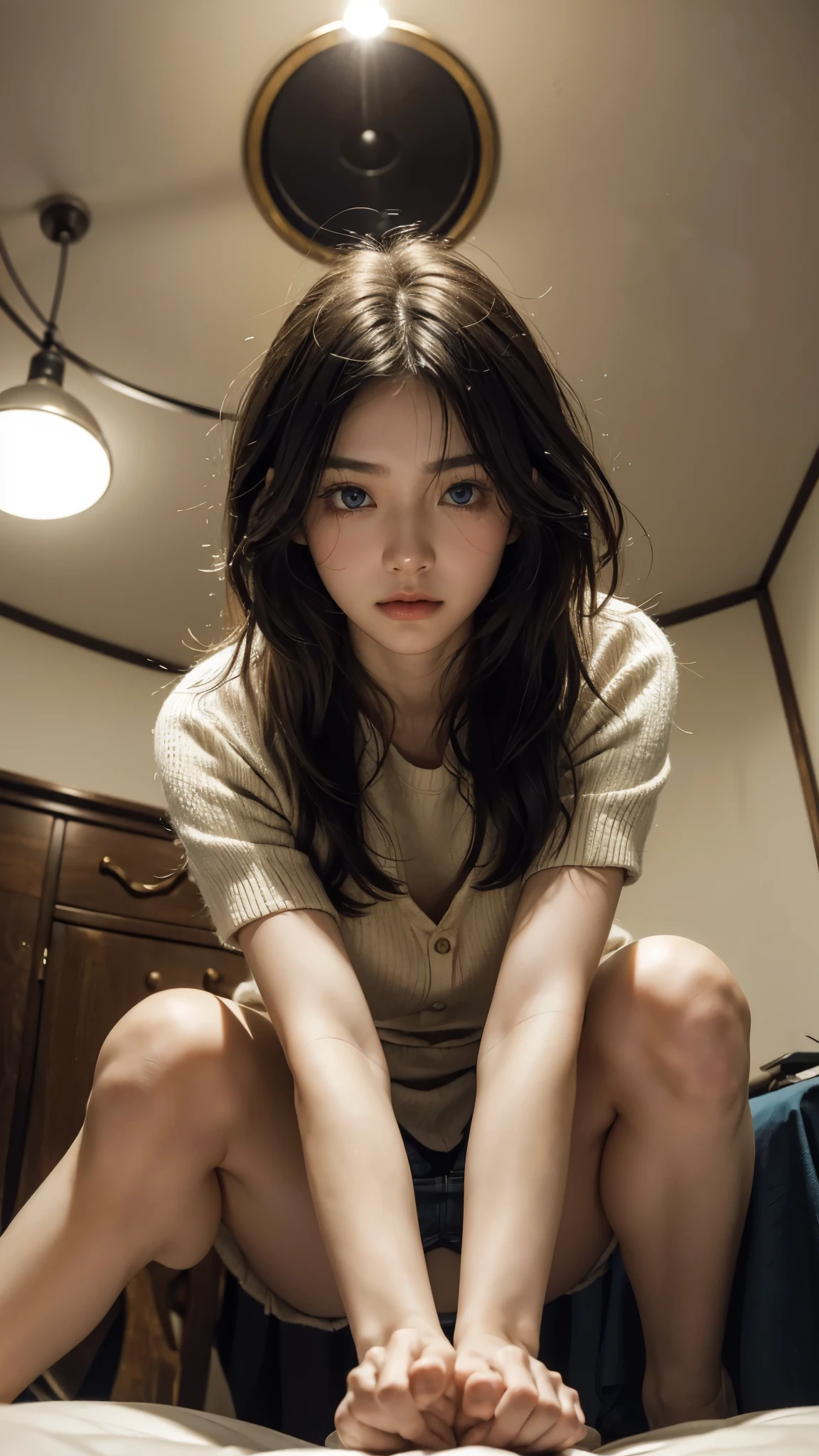 Super high quality、(((from below:1.6)))Japanese、1 woman around 20 years old、black hair、shortcut、Beautiful face with blue eyes、detailed face、fine eyes、realistic eyes、fine skin、real skin、detailed hair、messy hair、messy hair、Because I'm slender、beautiful body、style、In a moonlit room、((Sit on both knees))、on the bed、Put your face on your lap、((tilted my head to the side))、((sad expression))、(room at night)、