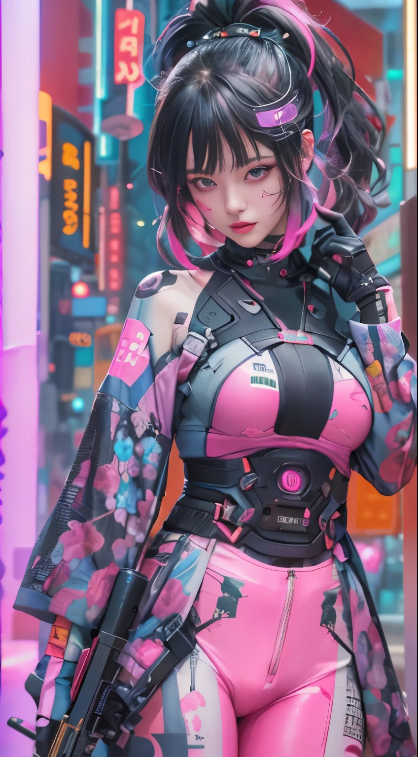 masterpiece, highest quality, Cyberpunk girls, Wearing Japan furisode, Bold colors and patterns, eye-catching accessories, Trendy and innovative hairstyles, bright makeup, Cyberpunk dazzling cityscape, Pink stands out,skyscraper, neon sign, led lights, Bright and vivid color scheme, anime, figure, fine skin texture, fine cloth texture, beautiful detailed face, intricate details, Super detailed,Holding an assault rifle in hand