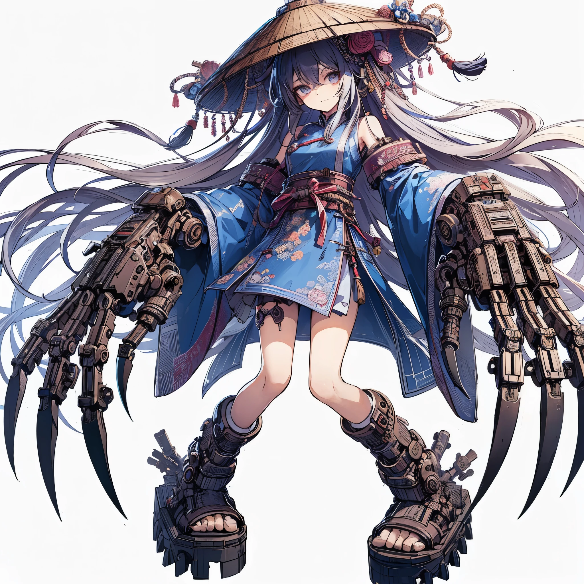 (Masterpiece, best quality), (perfect athlete body: 1.2), (detailed hair), super detailed, anime style, full body, cyber punk jiang shi girl, Chinese Daoist dress and hat, very long sleeves, unhealthy skin tone, face with running stitches, mechanical HUGE claws, wearing high clogs, high resolution, digital painting, 8k high resolution, trending art station, white background, whole body.