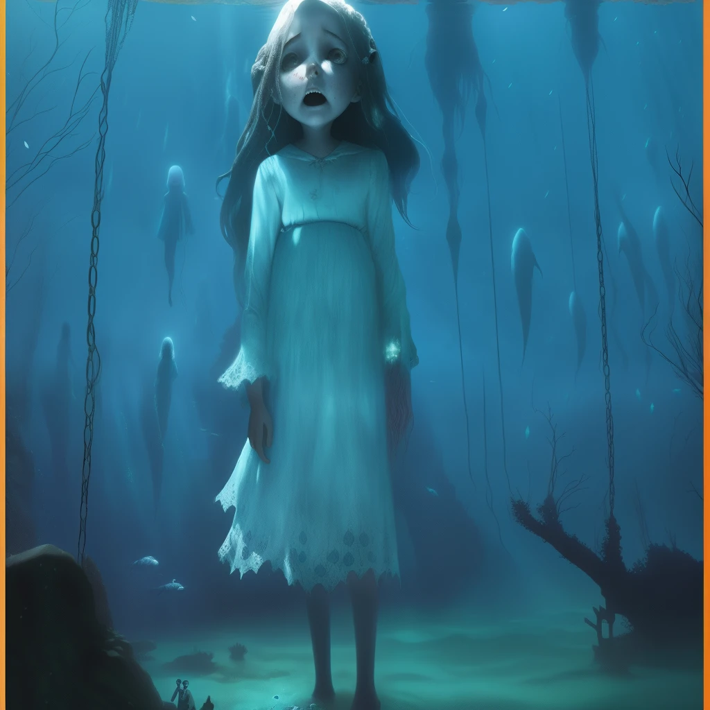 a poster for the curse of the deep sea, ghost of a young girl, in a underwater horror scene, pale young ghost girl, children born as ghosts, thalassophobia, still from animated horror movie, fantasy horror art, the'other mother'from'coraline ', creepy , horror fantasy art, ghost children, eerie nostalgic concept art, cursed image