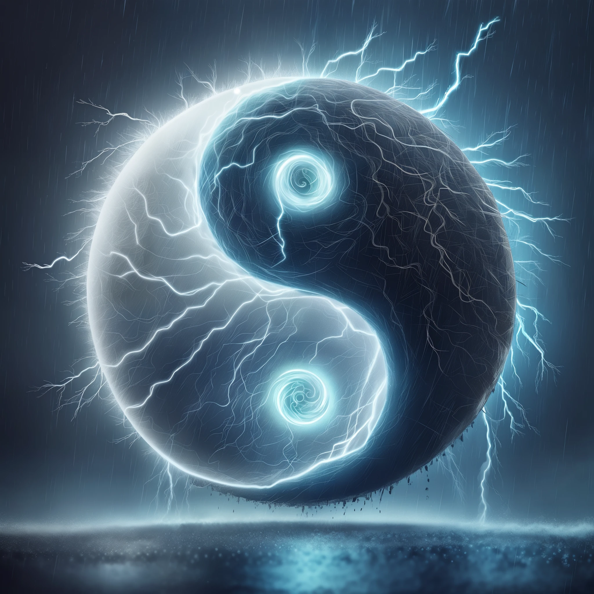 a close up of a lightning ball with a dark background, ying and yang, inspired by Wu Wei, taoism, swirling flows of energy, yin yang, floating in a powerful zen state, there are two sides to the story, detailed lighting and thunder, emanating and flowing energy, storm of all storms, yinyang shaped, with rain and lightning, perfect circle, yellow and blue overtones