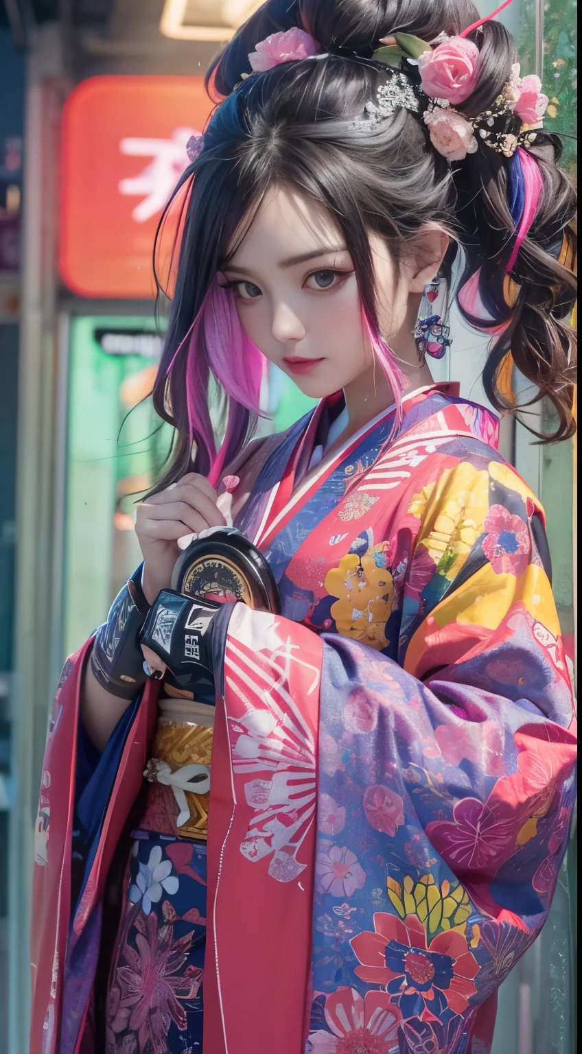 masterpiece, highest quality, Cyberpunk girls, wearing a Japanese kimono, Bold colors and patterns, eye-catching accessories, Trendy and innovative hairstyles, bright makeup, late night,Cyberpunk dazzling cityscape, Near the future,Pink stands out,skyscraper, neon sign, The neon lights are shining,led lights, Bright and vivid color scheme, fine skin texture, fine cloth texture, beautiful detailed face, intricate details, Super detailed,Holding an assault rifle in hand
