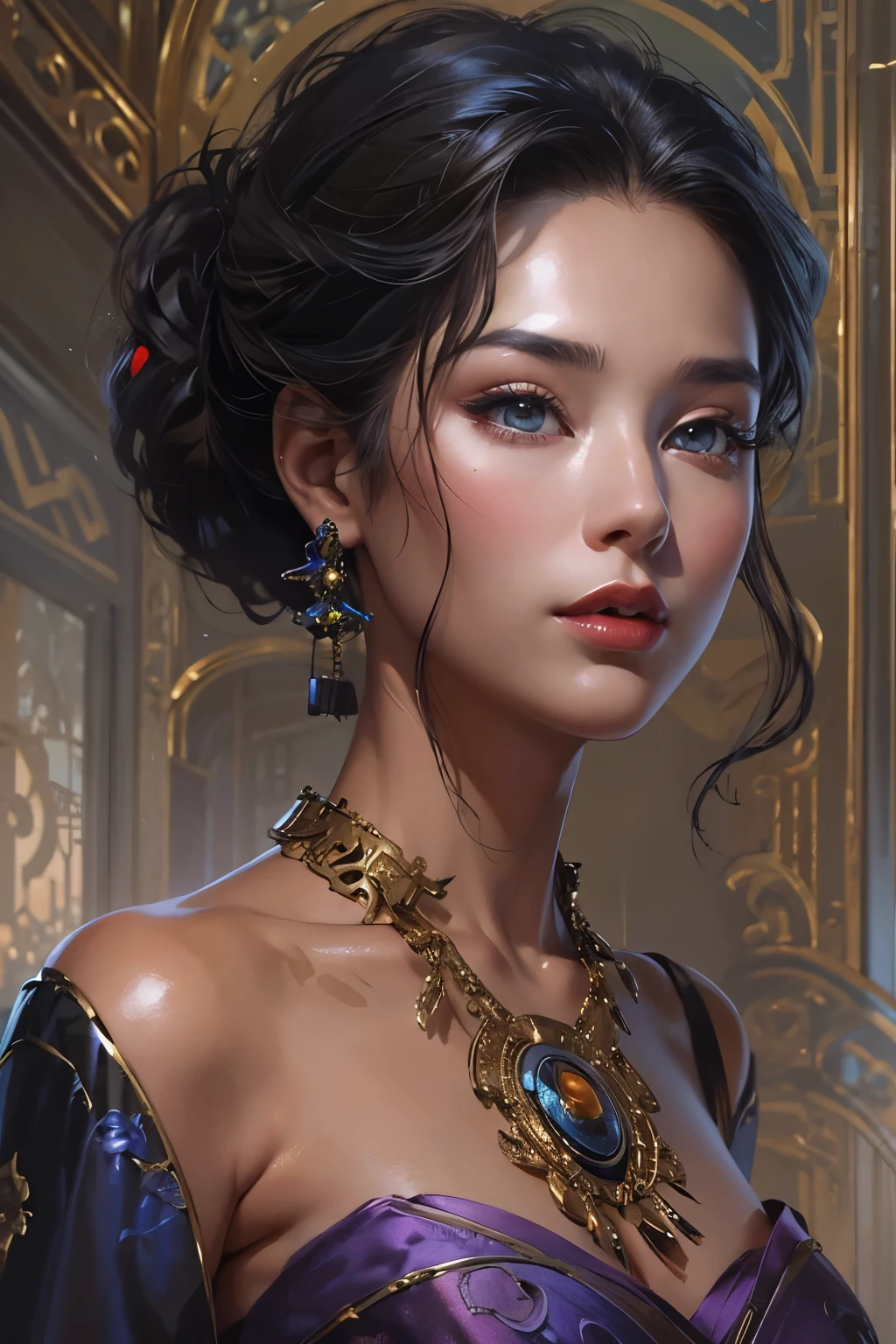 A beautiful woman wearing a purple Chinese dress stands quietly., Beautiful woman in her late 27s, Photorealistic painting by Cynthia Shepherd, cgsociety contest winner, fantasy art, Style Ivan Talavera and Artgerm, elegant cinematic pose, Charlie Bowater Rich Deep Colors, beautiful attractive anime woman, style of charlie bowater, surreal art nouveau style, stunning elegant pose, hyperrealistic fantasy art, highest quality, perfect angle, perfect composition, best shot, official art, cinematic light, figurative art, Beautiful and expressive paintings, Beautiful artwork illustration, wonderful, cool beauty, clear, Mysterious, highest quality, official art, perfect composition,perfect angle, best shot, women only, sharp outline, In the middle of a conspiracy, The face behind the scenes, dark government official, dark mission, first class agent, government agent, Top big-name spy, A talented female spy, beautiful female spy, extremely detailed and beautiful eyes, Beautiful eyes with slit length, quite beautiful face, Tall and lean, A talented secret agent, sabotage specialist, Spy X21, carry a concealed gun and knife, Eyes without pupils, color eye, ideal anima,　melancholy, nostalgia, romantic, 1960s, Hongkong, beautiful cityscape, sepia memories, unforgettable woman, Full body Esbian, hard boiled