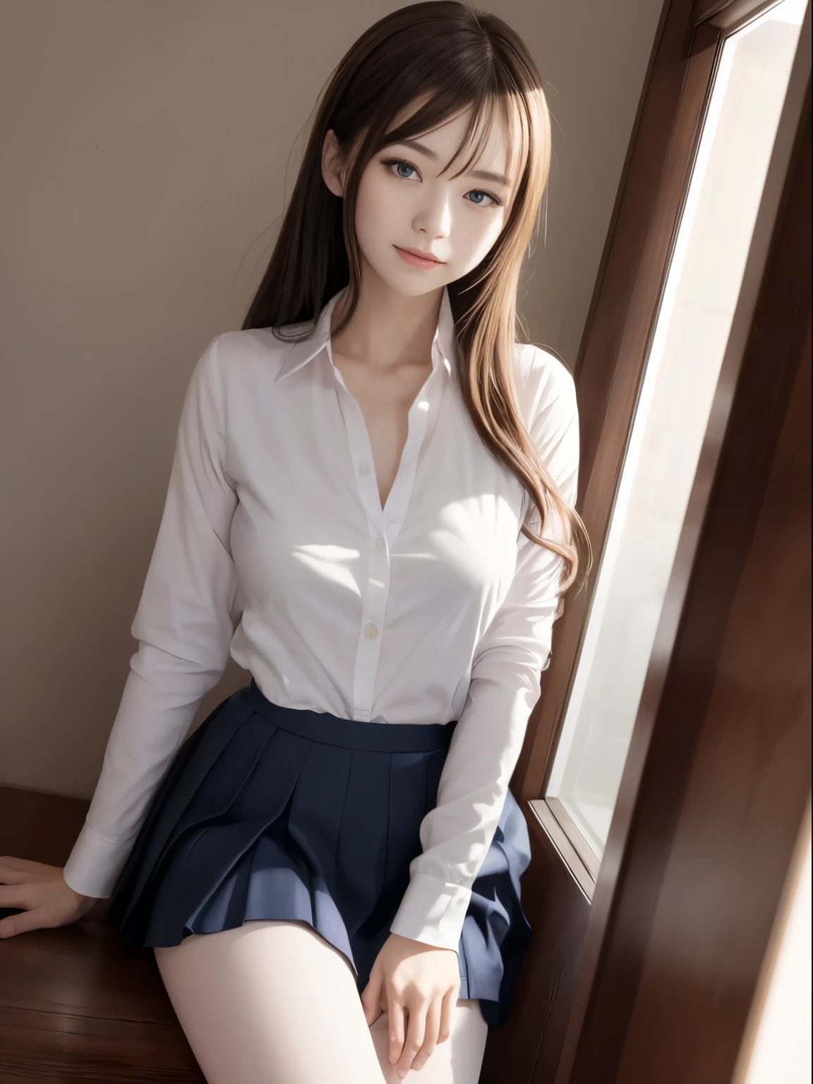 Nipple exposure、ultra realistic 8k cg, picture-perfectionな顔, perfection, clean, masterpiece, professional artwork, famous works of art, perfectionな顔, beautiful face, beautiful eye, ((perfectionな女性の体)), (slender body), 16 year old girl, alone, (An immersive atmosphere, chiaroscuro:1.5, bright light:1.2, bright lighting), (blush:0.5), fascinating look, very detailed_eye, small breasts, Beautiful and detailed background, Depth of bounds written, realistic:1.3, long shot, 1 girl, shirt, pleated skirt, japanese school uniform, sitting, whole body, (ambient light:1.3), (cinematic composition:1.3), (neon light:0.1), (HDR:0.1), accent lighting, white pantyhose,
