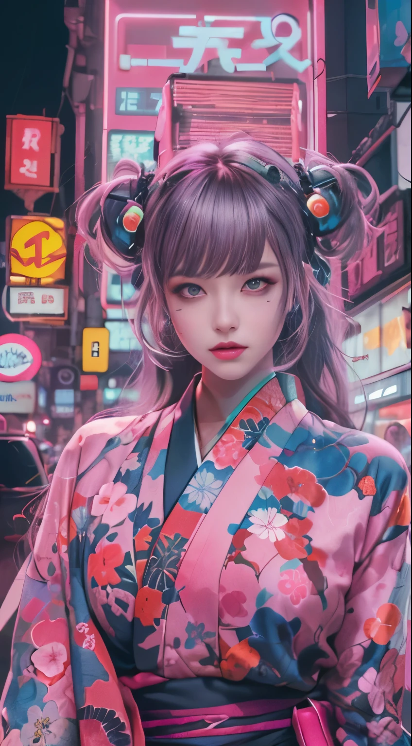 masterpiece, highest quality, Cyberpunk girls, wearing a Japanese kimono, Bold colors and patterns, eye-catching accessories, Trendy and innovative hairstyles, bright makeup, late night,Cyberpunk dazzling cityscape, Pink stands out,skyscraper, neon sign, The neon lights are shining,led lights, Bright and vivid color scheme, anime, figure, fine skin texture, fine cloth texture, beautiful detailed face, intricate details, Super detailed,holding a handgun