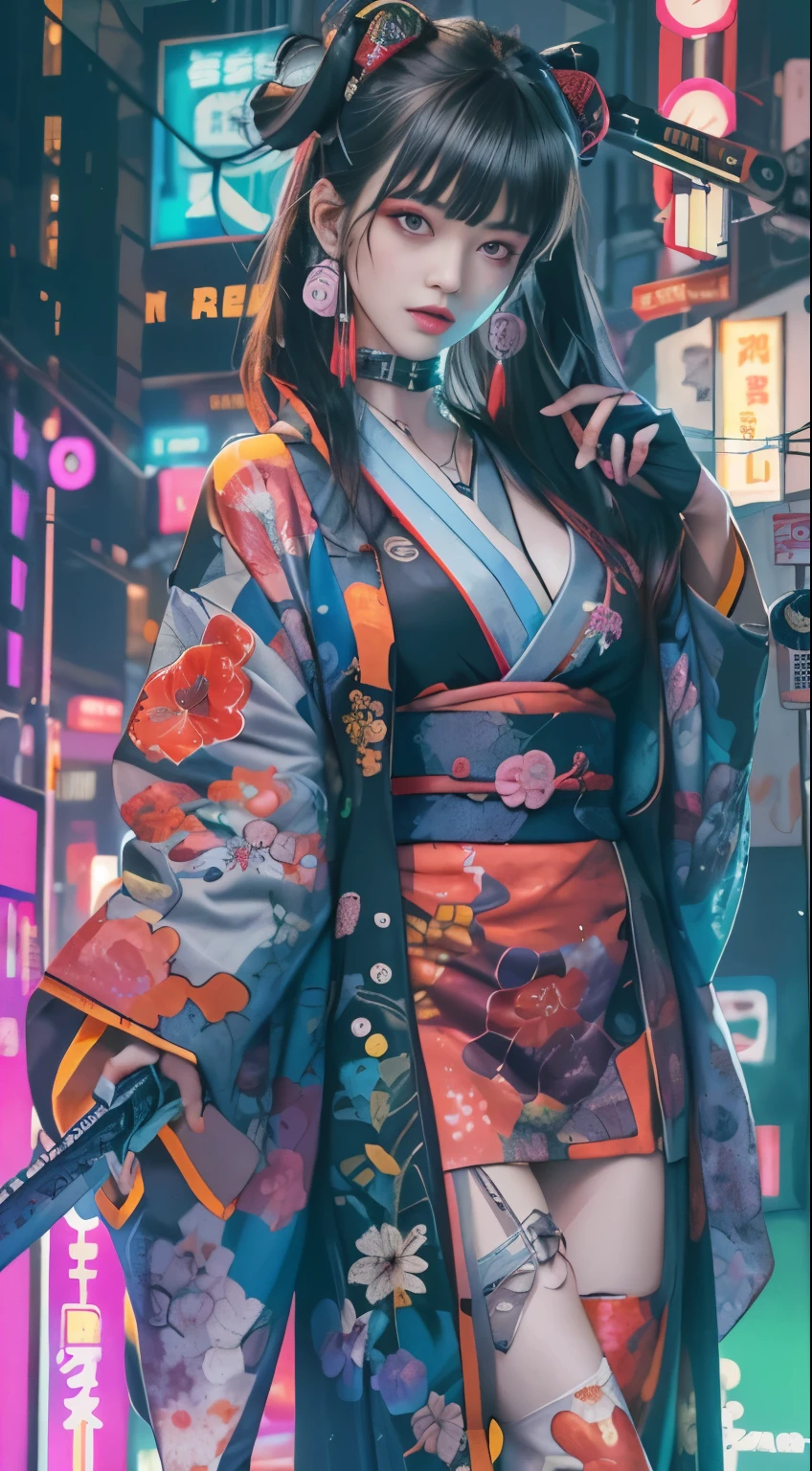 masterpiece, highest quality, Cyberpunk girls, wearing a Japanese kimono, Bold colors and patterns, eye-catching accessories, Trendy and innovative hairstyles, bright makeup, late night,Cyberpunk dazzling cityscape, Near the future,skyscraper, neon sign, The neon lights are shining,led lights, Bright and vivid color scheme, fine skin texture, fine cloth texture, beautiful detailed face, intricate details, Super detailed,holding a Japanese sword