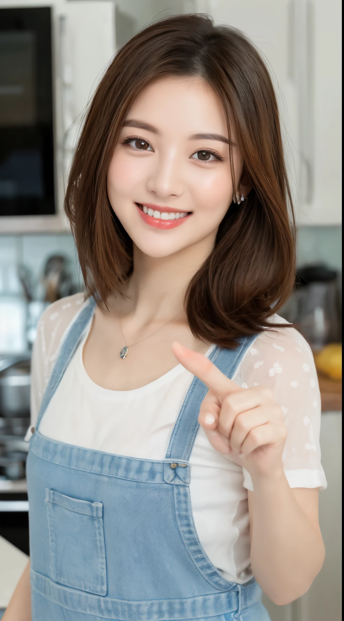 ulzzang-6500-v1.1, (RAW photo:1.2), (Photoreal), beautiful detailed girl, (See-through:1.3), (genuine: 1.4), very detailed目と顔, 美しくfine eyes, perfect body shapeを持つ美しい女性: 1.2, dark brown hair, wearing a pendant, Wearing an apron, in the kitchen, very detailed顔と肌, fine eyes, double eyelid, (very affectionate smile:1.2)、huge file size, High resolution, very detailed, highest quality, [masterpiece:1.6], enlightenment, very detailed, nffsw, finely, highest quality, 8k wallpaper, movie lighting, 1 woman, 27 years old, perfect body shape, Cute droopy eyes、beautiful big eyes、Pieck finger, ((muste piece)), highest quality, 1 girl, eye shadow, selfie、Instagram、 ((full body shot:1.2))、