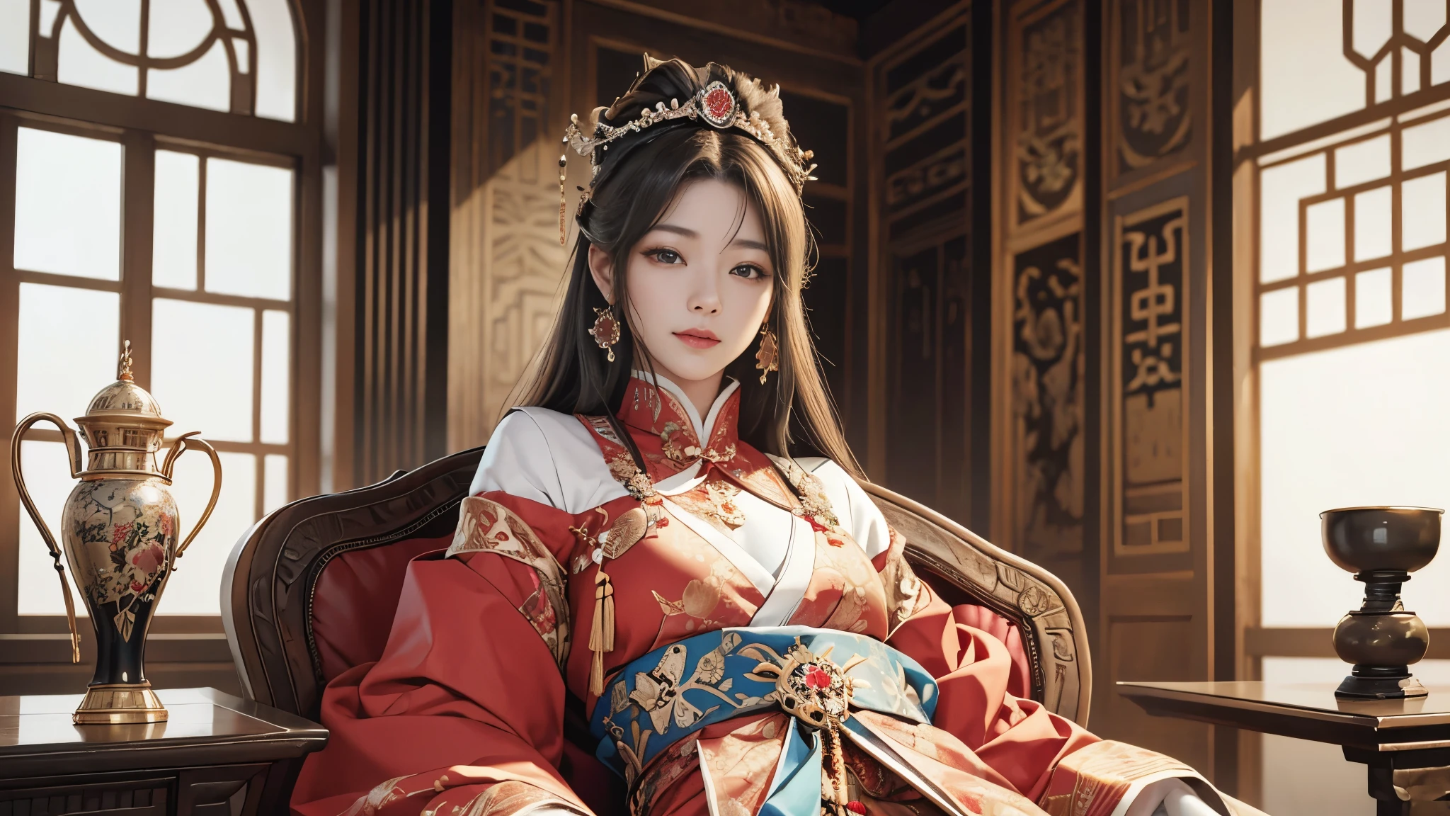 (8K, RAW photo, highest quality, masterpiece: 1.2), (realistic, realistic: 1.37), 1 girl, ancient China、In a room in the imperial court at the end of the Later Han Dynasty、The empress is sitting in a luxurious chair。The empress is華やかな服装で神々It has a nice aura of atmosphere.。The empress is綺麗な顔立ちで、She is wearing the fashionable hair ornaments of the time.。The empress is、He is smiling and facing forward.。