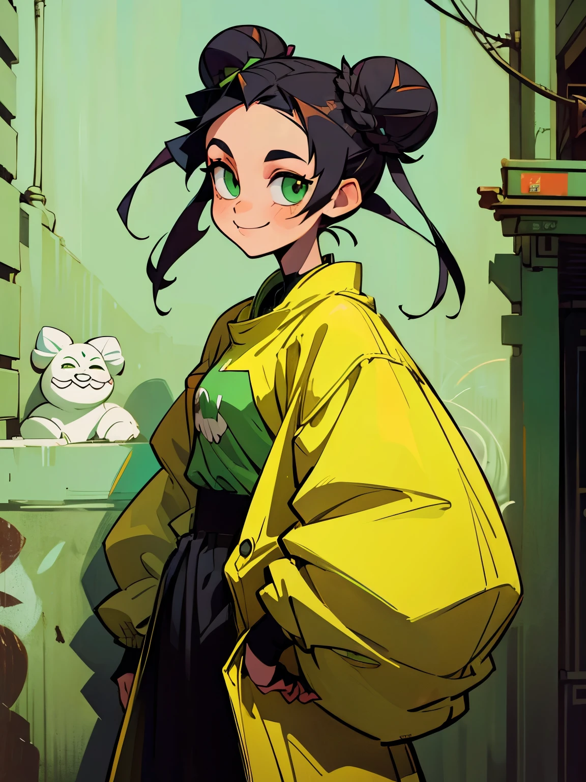 smile、Hip Hop Fashion、oversized clothes、High level image quality、((two bun hair)) Long hair in two buns、Forehead is exposed.、black hair、green eyes、Back alleys in New York、In front of a classic design cafe、street art clothing、dark tone, Bright colors、bust up shot, delicate drawing、