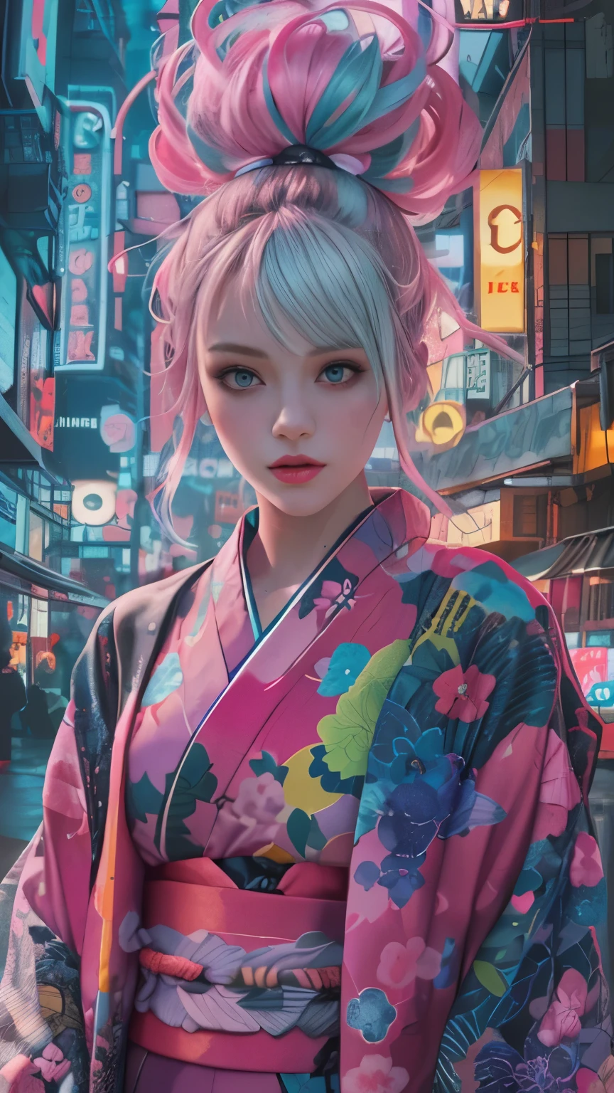 masterpiece, highest quality, Cyberpunk girls,wearing a Japanese kimono, The pink color stands out,Bold colors and patterns, eye-catching accessories, Trendy and innovative hairstyles, bright makeup, Cyberpunk dazzling cityscape, skyscraper, neon sign, led lights, Bright and vivid color scheme, anime, figure, fine skin texture, fine cloth texture, beautiful detailed face, intricate details, Super detailed,shoot from below,full body,The whole body is shown,Pictured from head to toe