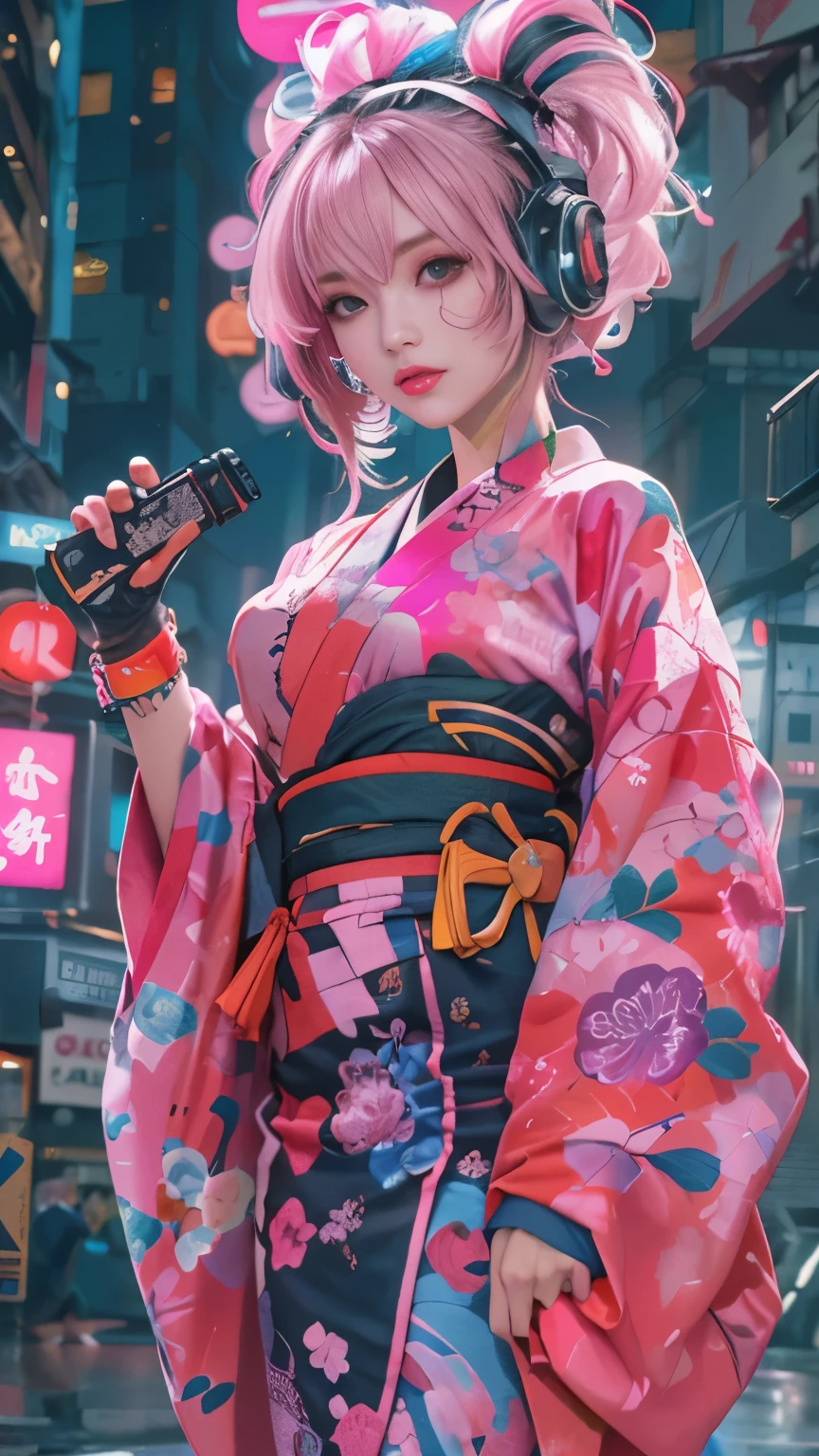 masterpiece, highest quality, Cyberpunk girls,wearing a Japanese kimono, The pink color stands out,Bold colors and patterns, eye-catching accessories, Trendy and innovative hairstyles, bright makeup, Cyberpunk dazzling cityscape, skyscraper, neon sign, led lights, Bright and vivid color scheme, anime, figure, fine skin texture, fine cloth texture, intricate details, Super detailed,low angle, full body