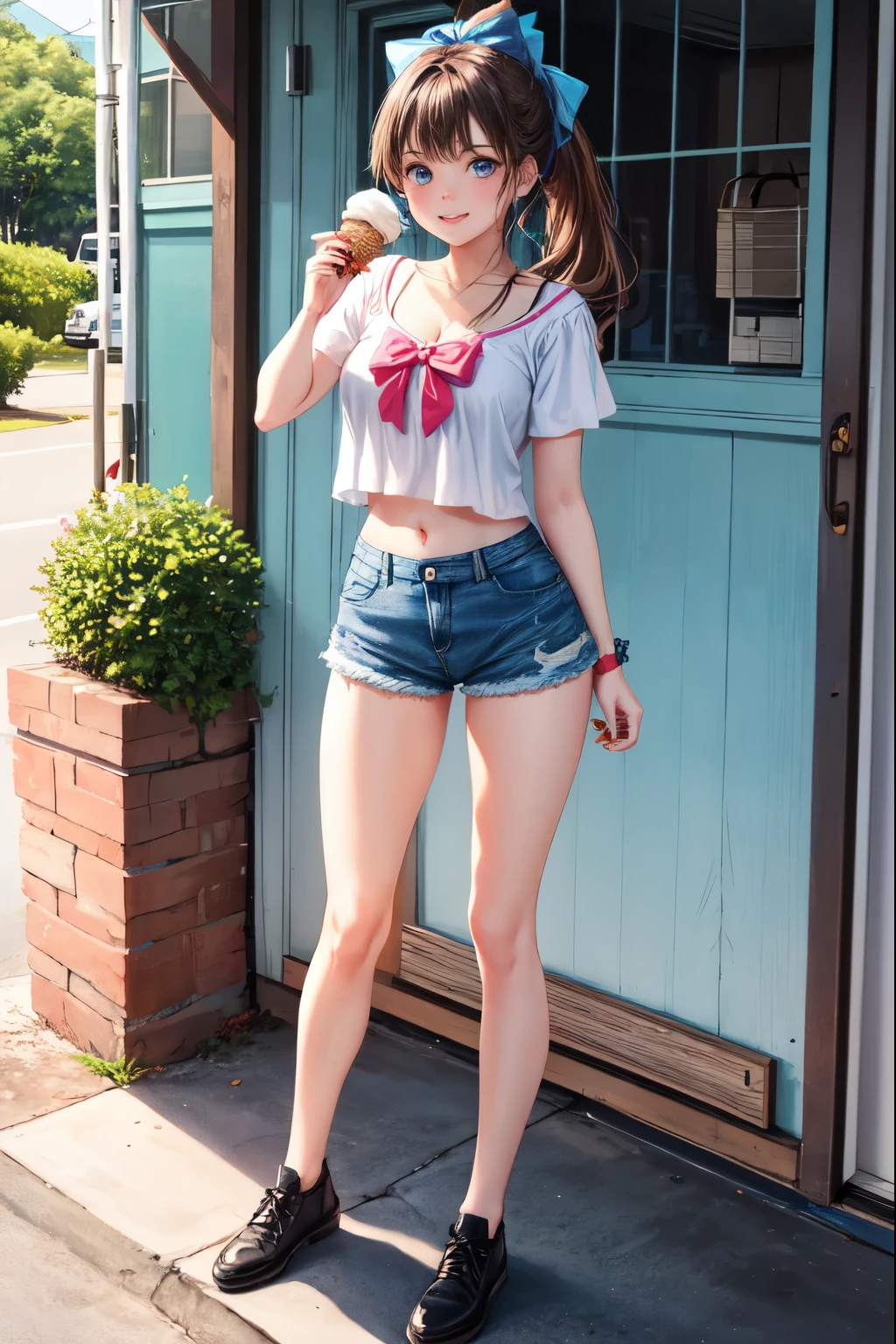 there is a girl standing with a cup of ice cream and a stick, 1girl, solo, shorts, brown hair, breasts, denim shorts, blue eyes, ponytail, denim, navel, smile, food, short shorts, shoes, cleavage, bow, blush, holding, holding food, hair bow, full body, black footwear