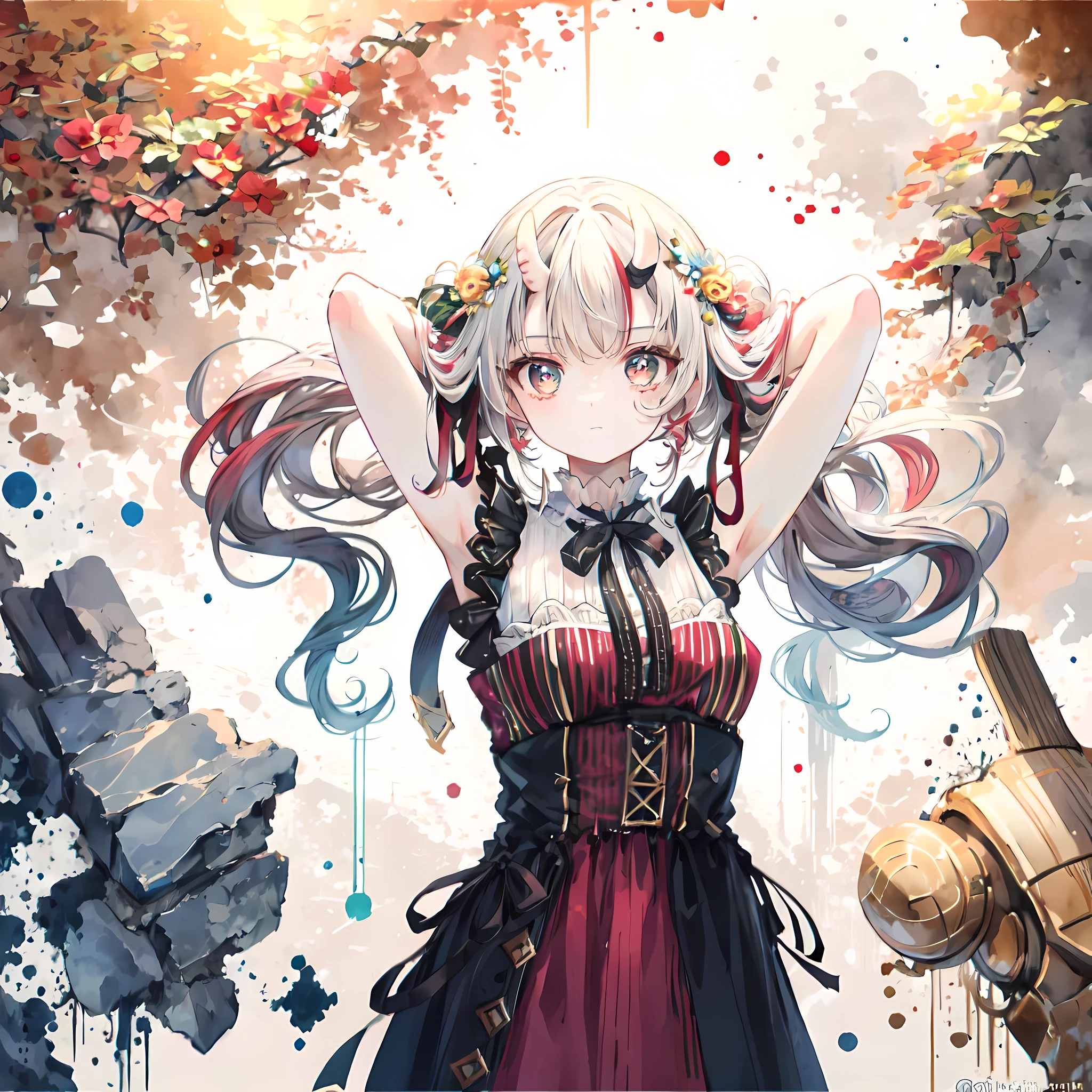 best quality, masterpiece, Upper body,
(aldult:1.6) hungarian woman, (giggle:0.4), Put your arms behind your head,
Golden braids,
Bright Eyes,
Victorian sun dress,
Floating particles of light, center,