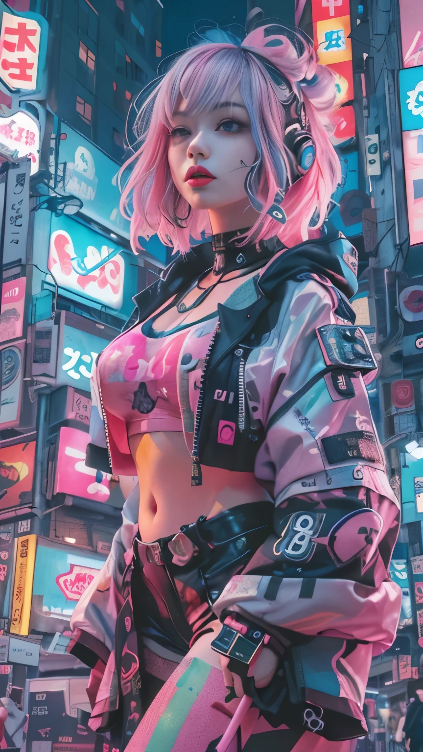 masterpiece, highest quality, Cyberpunk girls,She is wearing cute Harajuku-style clothes in Japan., The pink color stands out,Bold colors and patterns, eye-catching accessories, Trendy and innovative hairstyles, bright makeup, Cyberpunk dazzling cityscape, skyscraper, neon sign, led lights, Bright and vivid color scheme, anime, figure, fine skin texture, fine cloth texture, intricate details, Super detailed,low angle, full body, Distant view(looking away:1.4)