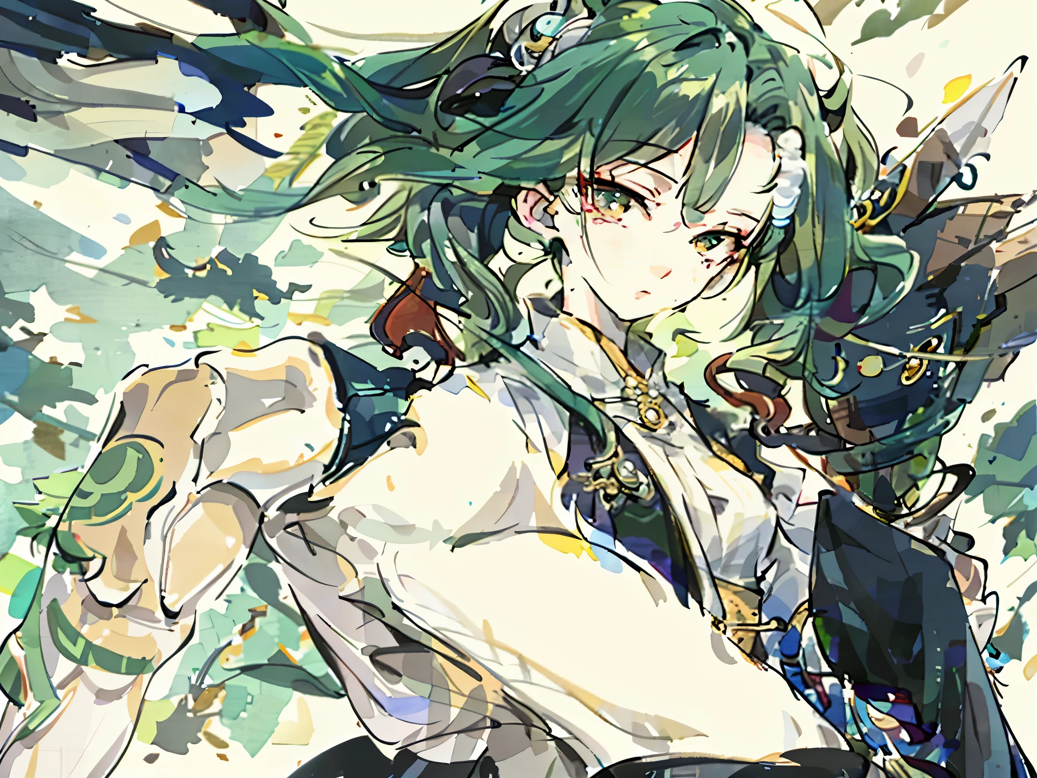 Anime style image of woman with green hair and white top, 《Genshin》Keqing in, Inspired by Okumura Masanobu, Handsome guy in the art of slaying demons, Detailed key animation art, dark pit, Excerpted from《Xenoblade Chronicles》chronicle, 《Genshin》Zhongli in, game art!!, Anime tribal rapunzel boy