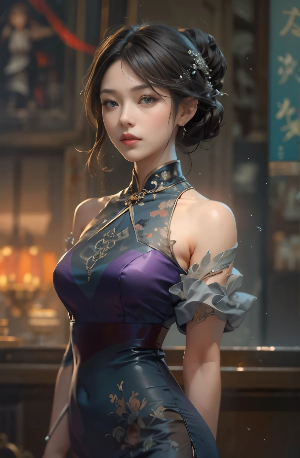 A painting of a beautiful young woman standing quietly, 美しいHongkongの夜景, flower of society, She is wearing an elegant purple cheongsam, Gwaites style artwork, Artjam and Ati Gailan, beautiful character drawings, Written by Jean Jay., style art buds, Artjam and Luan Jia, art gelm style, Ruan Jia and Artgerm, highest quality, perfect angle, perfect composition, best shot, official art, cinematic light, figurative art, Beautiful and expressive paintings, Beautiful artwork illustration, wonderful, cool beauty, clear, Mysterious, highest quality, official art, perfect composition,perfect angle, best shot, women only, sharp outline, In the middle of a conspiracy, faces behind the scenes, dark government official, dark mission, first class agent, Government agencies, トップクラスの大物spy, 有能な女spy, 美しい女性spy, Beautiful slit eyes, pretty much beautiful face, spy, spy X21, carrying a concealed gun and knife, Eyes without pupils, color eye, ideal anima,　melancholy, nostalgia, romantic, 1930s, Hongkong, beautiful cityscape, sepia memories, unforgettable woman, Full body Esbian