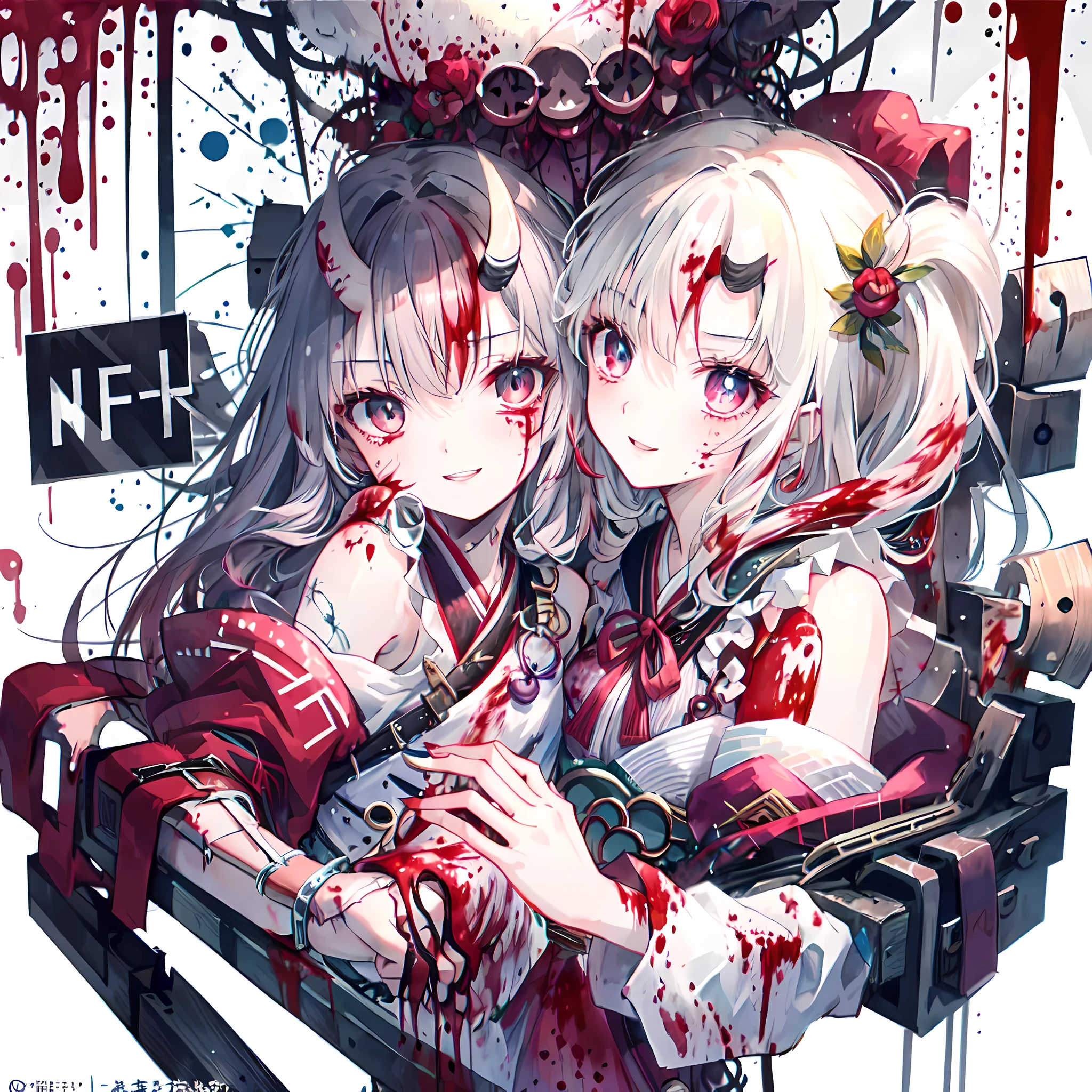 schoolgirls，White hair，hair messy，Wolf ears，red color eyes，Outfit in black，Blood on the face，The expression is resolute。