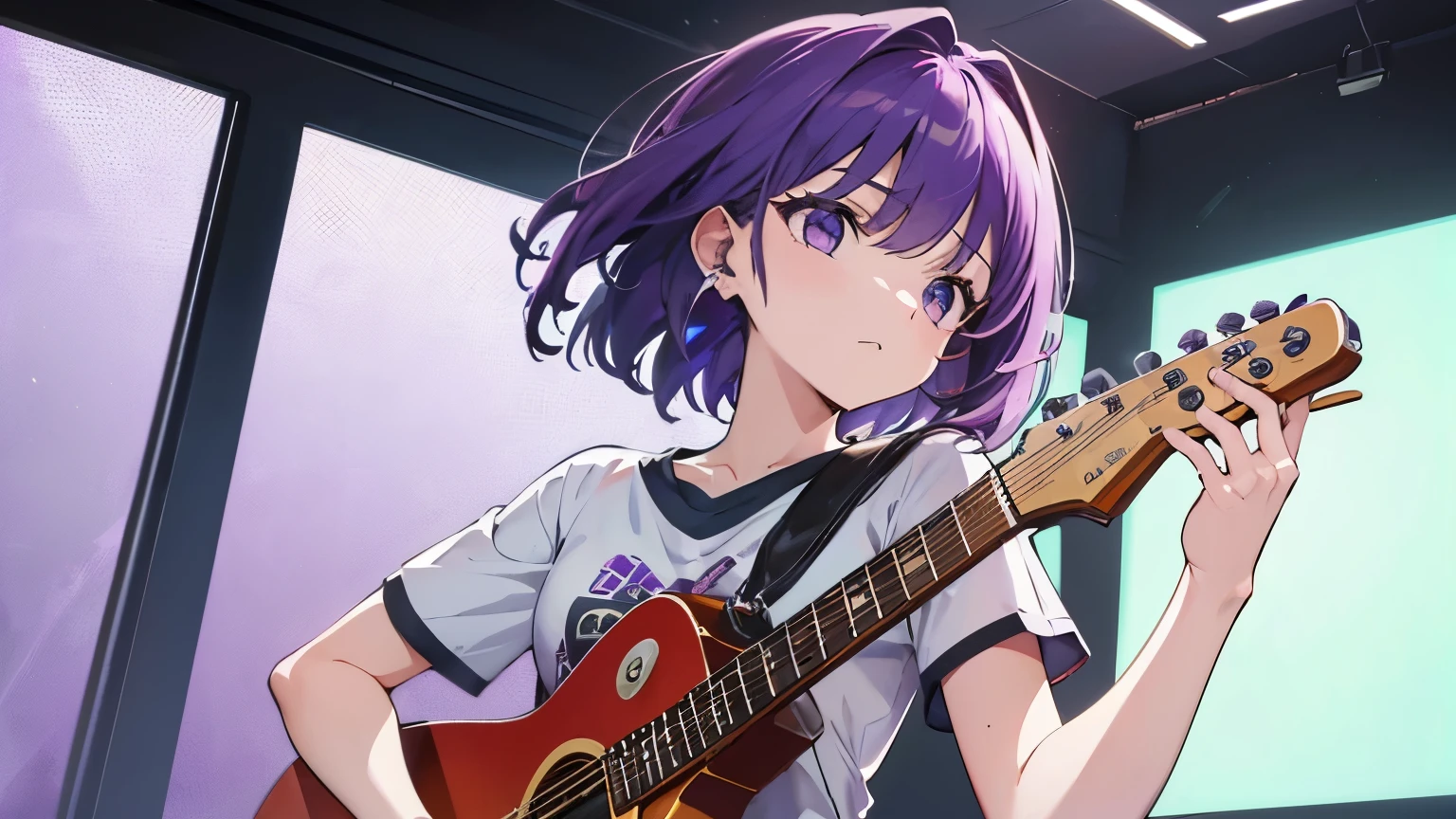 (T Masterpiece，4k wallpaper，best quality))、((girl１people))、(solo)、Brilliant，(purple hair)、(shortcut:1.3)、band、guitar