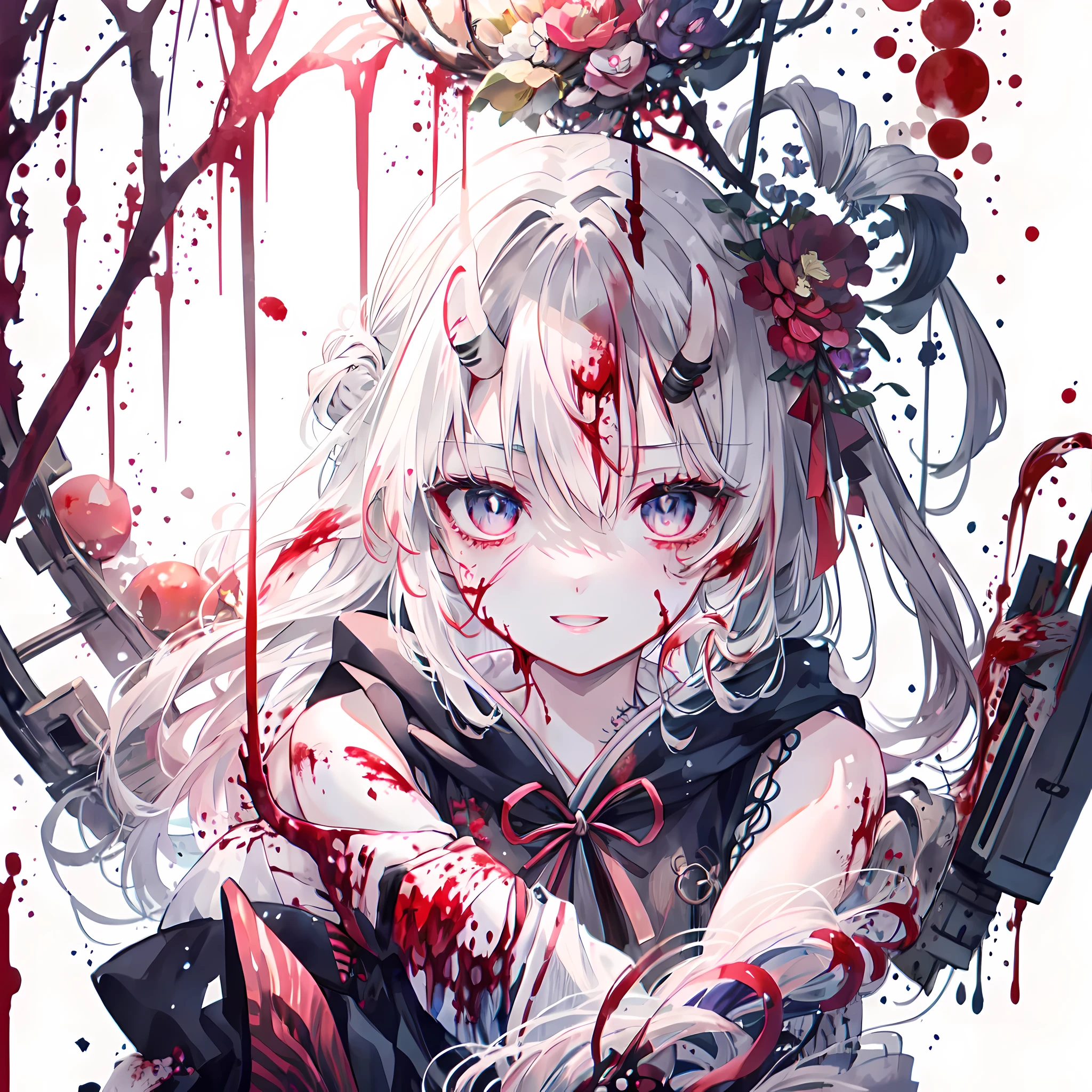 Ayame, Blushed, perfect anatomy, delicate eyes, Detailed lips, extremely delicate eyes and face, bright colors, sharp focus, masterpiece:1.2, Super detailed, ((pain, torturer, Blood, happy))