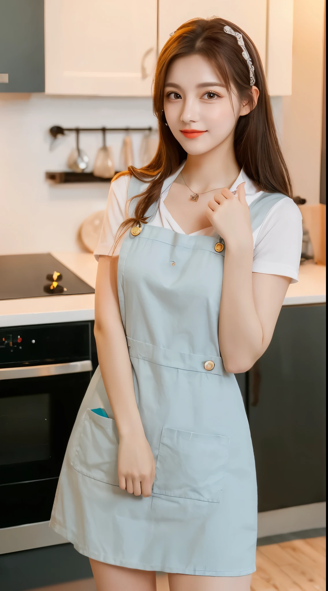 (highest quality, 8K, masterpiece: 1.3), beautiful woman with perfect figure: 1.2, dark brown hair, wearing a pendant, Wearing an apron, in the kitchen, highly detailed face and skin, fine eyes, double eyelid,  ((full body shot:1.2))、