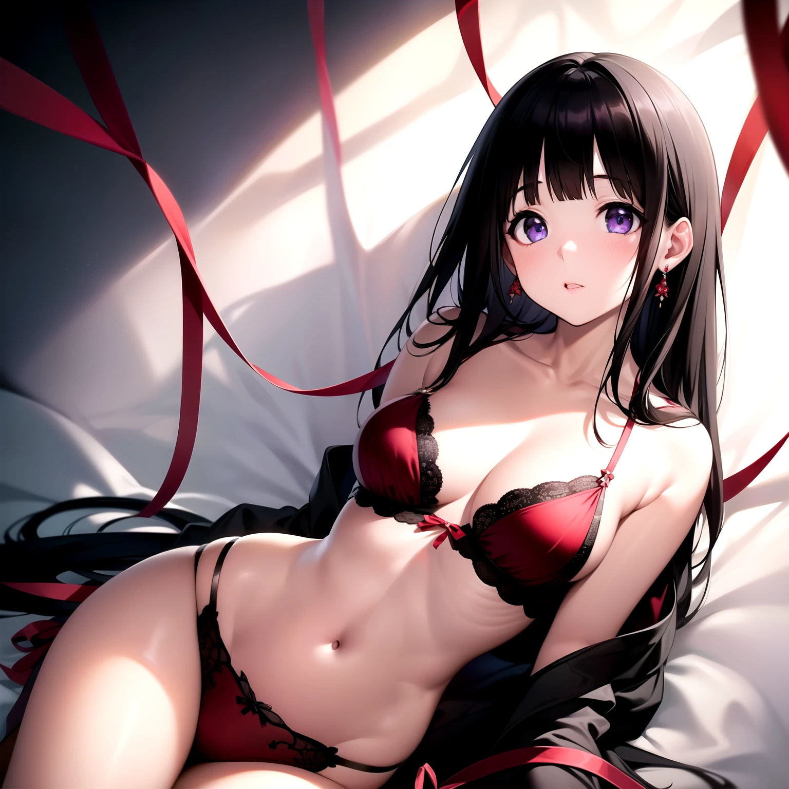 (A superb exquisite Chitanda Eru), (mature face), purple eyes, long black hair, natural streight hair, straight bangs, solo, [Small_breasts: large_breasts: 0.5], normal breasts, (((body tied up with red ribbons, jewelry lingerie))), extremely delicate, peerless beautiful girl, dreamy quality, exaggerated facial features, solid color, delicate face, bright lips, slender waist, straight curves, soft lights and shadows, super fine, 8K HD, (masterpiece:1.4), (finely detailed beautiful eyes: 1.2)