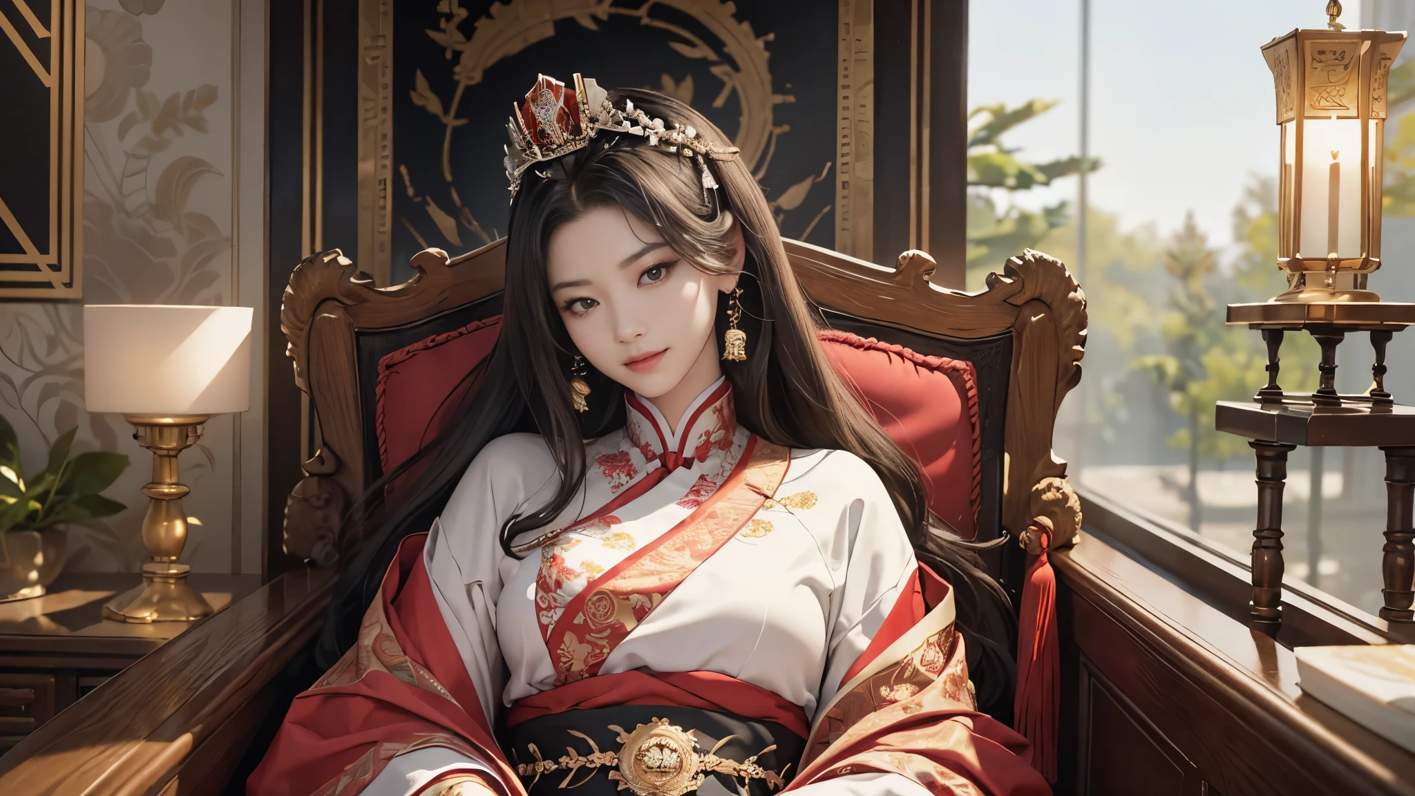 (8K, RAW photo, highest quality, masterpiece: 1.2), (realistic, realistic: 1.37), 1 girl, ancient China、In a room in the imperial court at the end of the Later Han Dynasty、The empress is sitting in a luxurious chair。The empress is華やかな服装で神々It has a nice aura of atmosphere.。The empress is綺麗な顔立ちで、She is wearing the fashionable hair ornaments of the time.。The empress is、He is smiling and facing forward.。