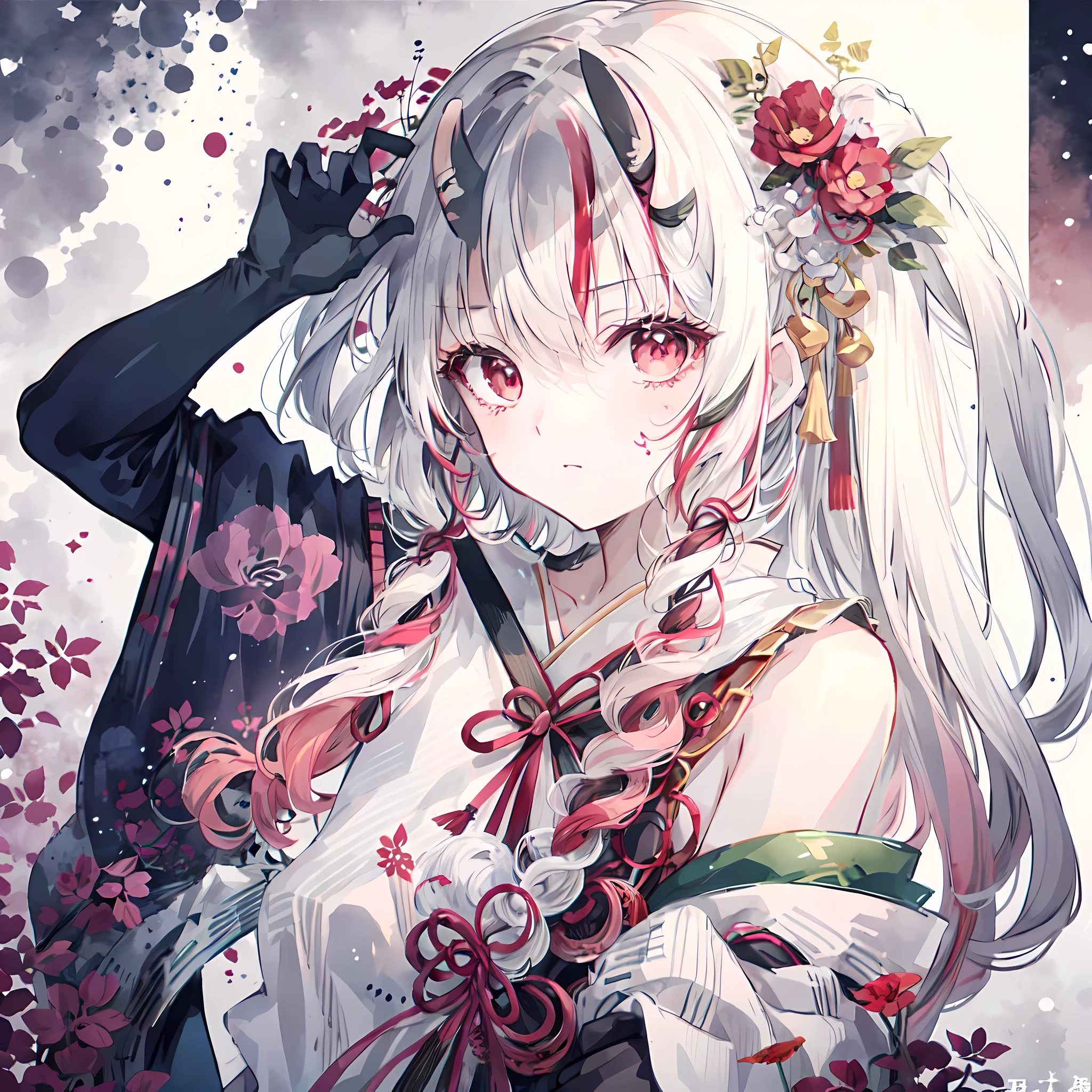 National Science Foundation,Ayame,masterpiece,need,Soup,semi-realistic,Detailed facial features,teenage girl,White hair,long white hair,Red-eyed，elaborate Hanfu