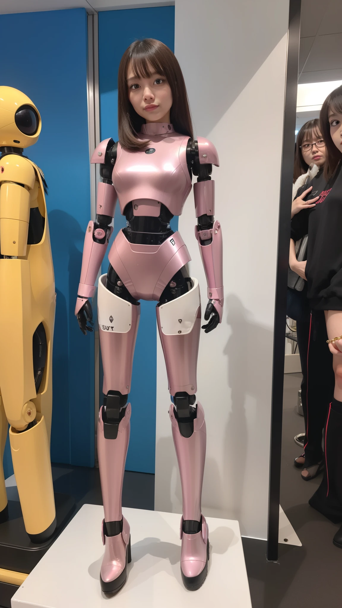 Robot Girl, pink there, Silver, Metallic body, Robot Parts, Metal Parts, Super Detailed Face, Super well-formed face, of the highest quality, a small face, a small head, Brown hair, Slender body, Camera gaze, Internal Mechanical Exposure, Idol, front facing, Well-proportioned body, sale, Exhibited, Event Hall, Moe Pose, pink metallic Lolita dress machine armor, Standing with legs open, Model body type, sad, Embarrassing,(Perfect Robot Girl),(Perfect machine body)