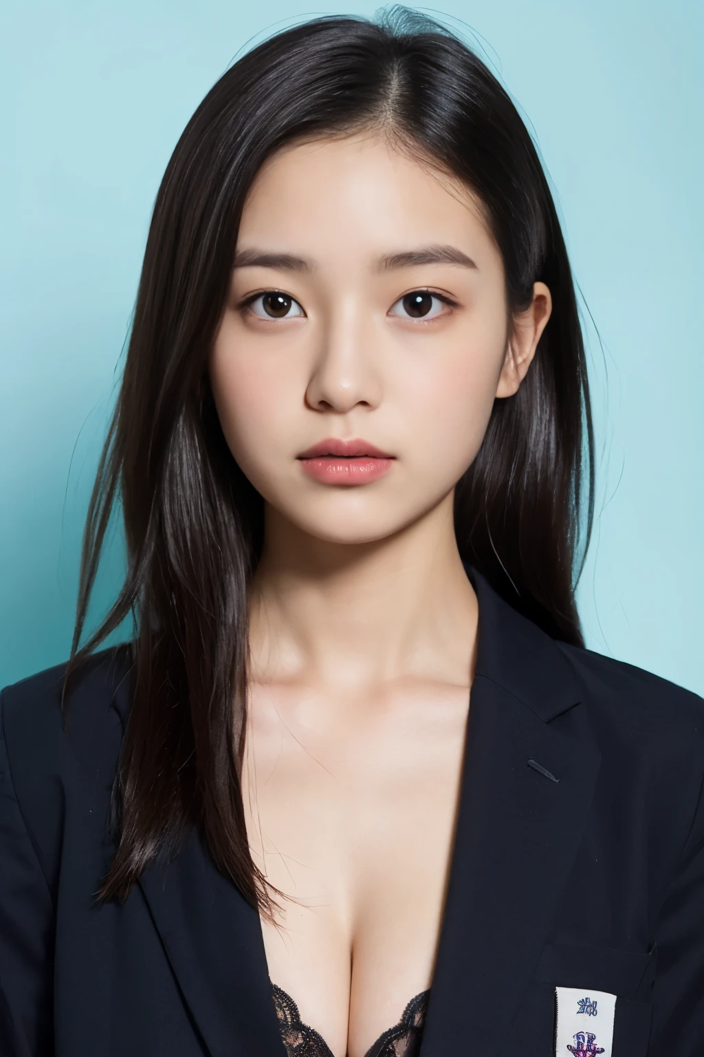 ((ID photo、face only))、(School Uniform Jacket、big breasts、Detailed bra、black hair、real face)、cute japanese woman、16 years old、young girl、light blue background、Turn your body to the front、Expressionless、blank space above the head