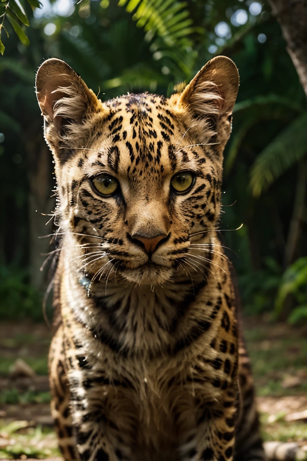 You find yourself in front of a vibrant scene full of life. Em primeiro plano, entre as folhagens de uma grama alta, there is a majestic leopard very close. Its coat is a bright golden yellow., with its typical black spots they are actually neon lights and its eyes are headlights that stand out in an elegant way. O leopardo possui uma postura imponente, with head up and eyes fixed on the camera. His expression conveys a mix of curiosity and confidence, como se estivesse observando atentamente o espectador.
The cat rrealista, detalhado