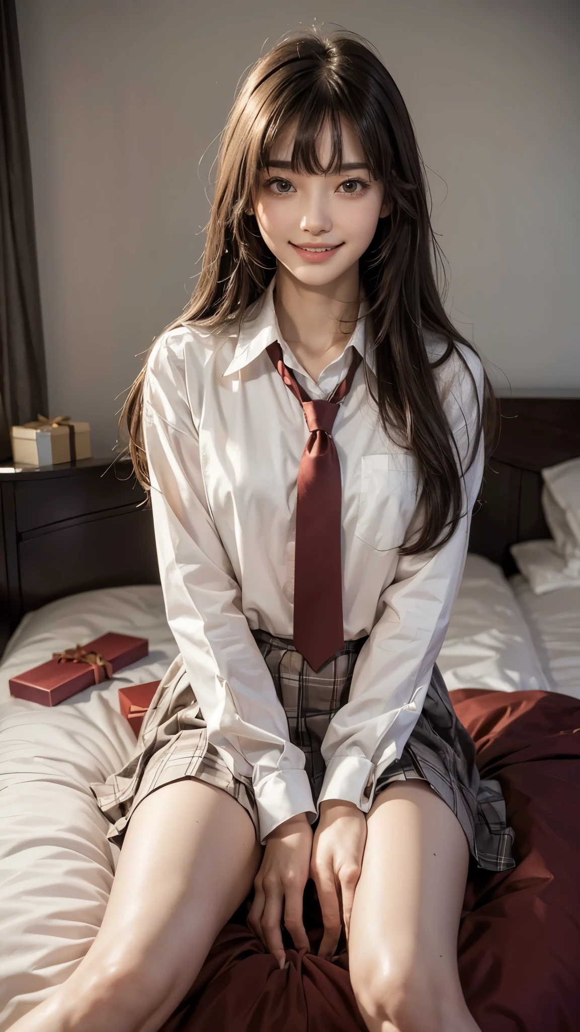 masterpiece, ultra high resolution, (realistic:1.4), (from below:1.6 portraits) RAW photo, 1 girl, 18-year-old,slender body,small breasts,((winter school uniform)),((Long hair with straight bangs)),((Hold out a cute box containing a gift to the viewer with both hands.)),((looking up at the viewer)),(blush),masterpiece, realistic pictures, saturation, contrast, ((small breasts)),((smile showing teeth)),
detailed face、fine eyes、realistic目、fine skin、real skin、detailed hair、messy hair、messy hair、Because I&#39;m slender、beautiful body、style、In a moonlit room、((Sit on both knees))、on the bed、Put your face on your lap,(room at night)、