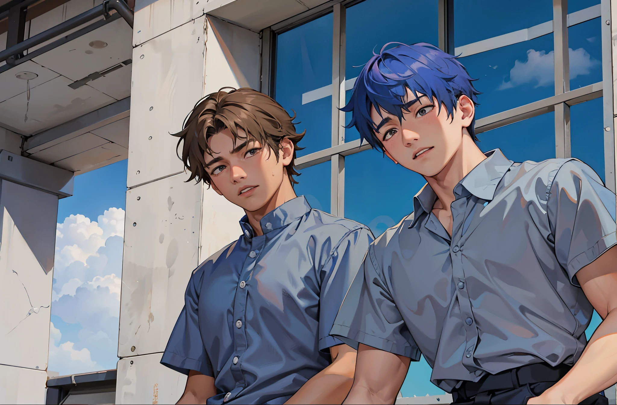There are two -yeld meitting on a roof, one of the boys is looking at the other who is telling him a sad story, they both have a sad face, story