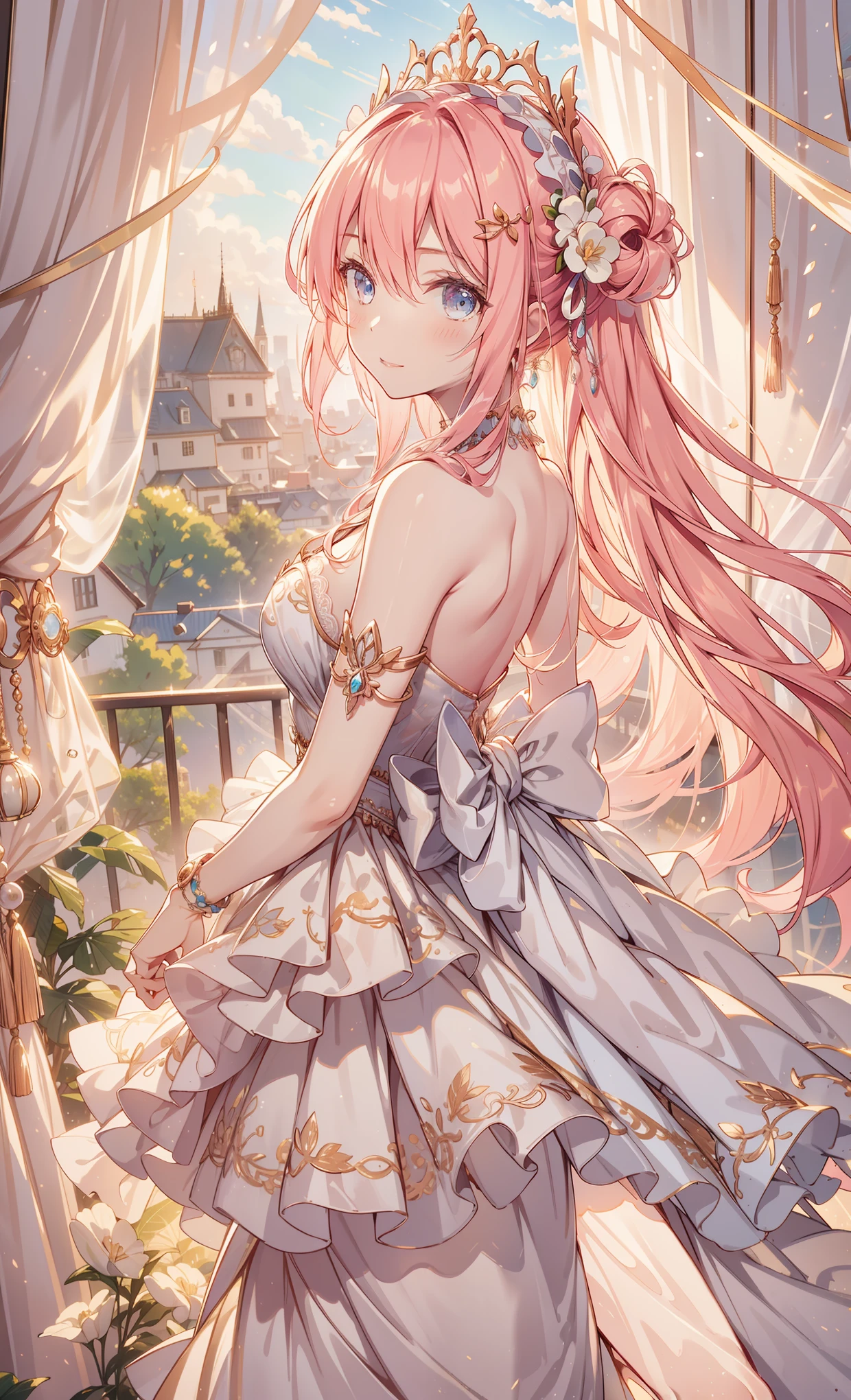 (best quality, high resolution, textured skin, high quality, high detail,Extremely detailed CG unification),teenage girl，obsessed，Divine happiness，Being in love，having fun，(Heavenly Maxi and Ballgown Combinations)，pink hair，blue eyes，(Fabric headdress)，Minimalism，multi-layered ruffles，lace，delicate embroidery，Beautiful pattern，Fabric headdress，dress nicely，sheer transparent clothes，bedroom，闪闪发Light，(Looks like it&#39;s covered by a transparent skirt:1.1)，Light，night，the only person，fluttering skirt，Exquisite and beautiful face，dynamic angle