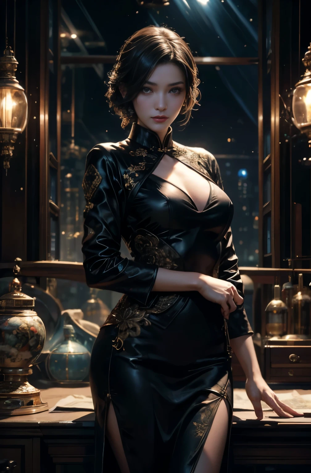 A painting of a beautiful young woman standing quietly, Beautiful woman in her late 20s, 美しいHongkongの夜景, flower of society, She is wearing an elegant purple cheongsam, Gwaites style artwork, Artjam and Ati Gailan, beautiful character drawings, Written by Jean Jay., style art buds, Artjam and Luan Jia, art gelm style, Ruan Jia and Artgerm, highest quality, perfect angle, perfect composition, best shot, official art, cinematic light, figurative art, Beautiful and expressive paintings, Beautiful artwork illustration, wonderful, cool beauty, clear, Mysterious, highest quality, official art, perfect composition,perfect angle, best shot, women only, sharp outline, In the middle of a conspiracy, faces behind the scenes, dark government official, dark mission, first class agent, Government agencies, トップクラスの大物spy, 有能な女spy, 美しい女性spy, Beautiful slit eyes, pretty much beautiful face, spy, spy X21, carrying a concealed gun and knife, Eyes without pupils, color eye, ideal anima, melancholy, nostalgia, romantic, 1930s, Hongkong, beautiful cityscape, sepia memories, unforgettable woman, full bodyesbia