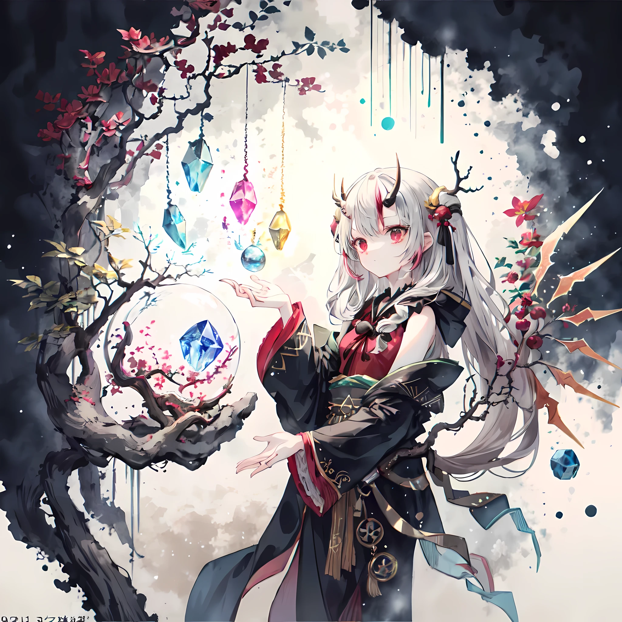 Cool colors，Girl with antlers，Dressed in a black robe，Diviner，Hold the crystal ball in the palm of your hand，Ice in the background，The temperament is very mysterious，under the crystal ball, Only supports one right hand，Holding a staff in his left hand, He is collecting ice elements