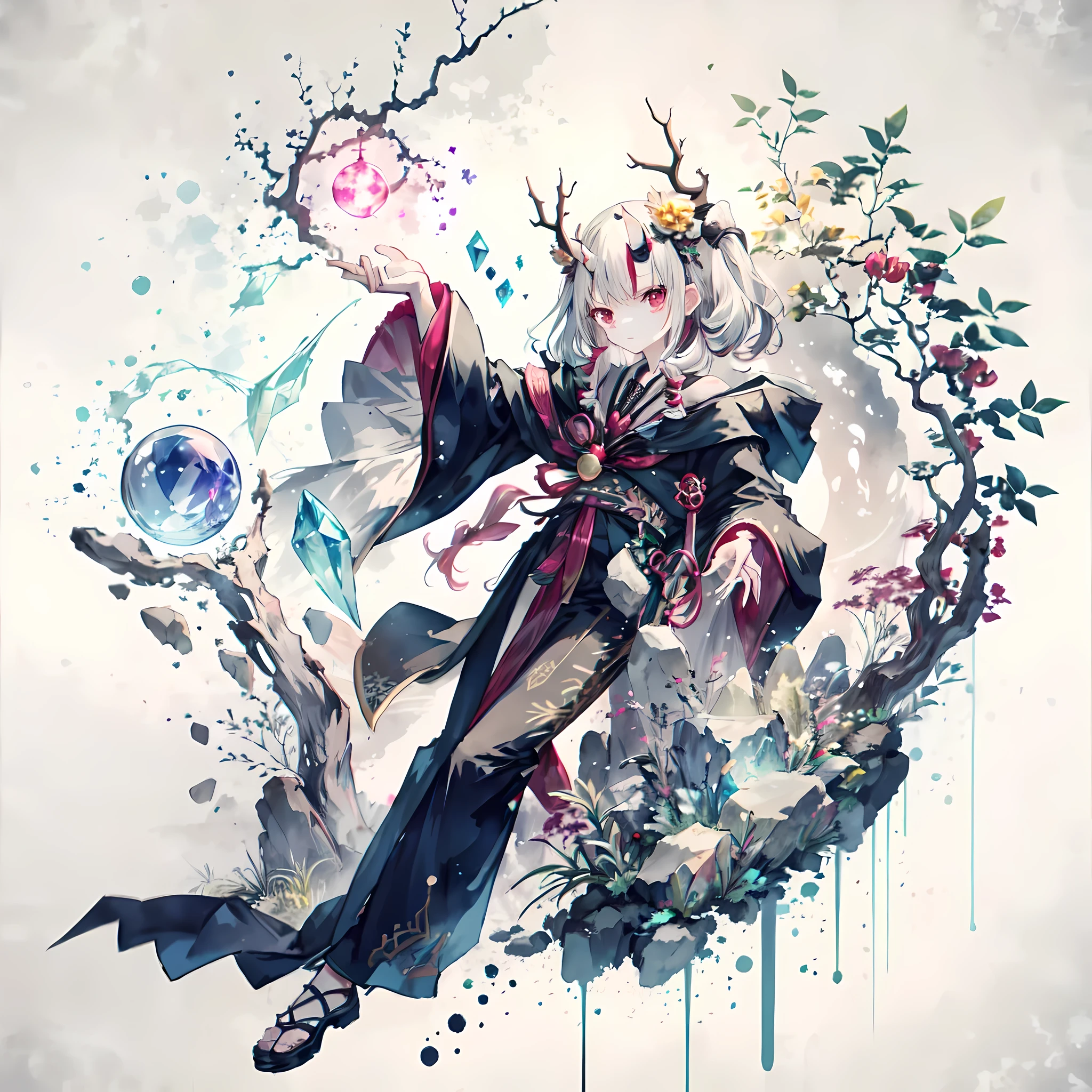 Cool colors，Girl with antlers，Dressed in a black robe，Diviner，Hold the crystal ball in the palm of your hand，Ice in the background，The temperament is very mysterious，under the crystal ball, Only supports one right hand，Holding a staff in his left hand, He is collecting ice elements