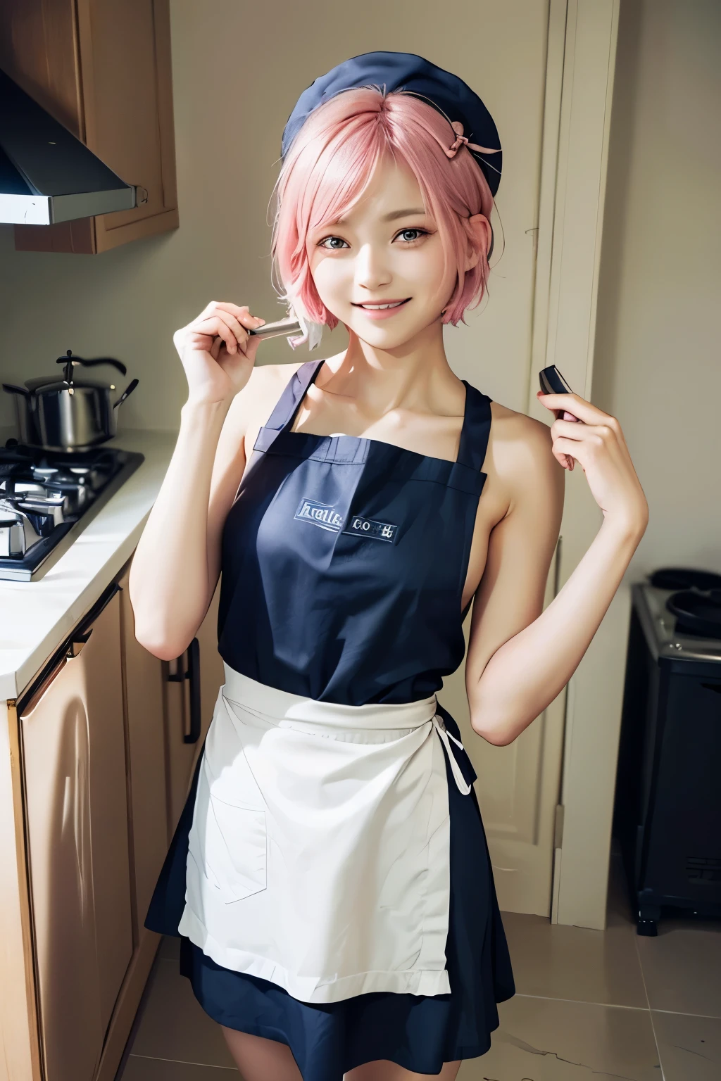 (8K, top-quality, masterpiece:1,2), (reallistic, Photorealsitic:1.37), Super Detail, One girl,), (Highly detailed), (beautifully detailed eyes), (of the highest quality), (super detailed ), (masterpiece), (Detailed face),20yr old, ,1 girl, ((pink hair,Very short hair)), medium breasts, clothed, Perfect Lighting, BREAK (navy cook's apron :1.4),(naked apron:1.3) (A-line skirt:1.3), (small ribbon:1.2), BREAK (smiling and looking at the camera:1.3), (holding up the apron skirt with right hand and brushing hair with left hand:1.5), (simple white kitchen:1.2), (natural light:1.2)