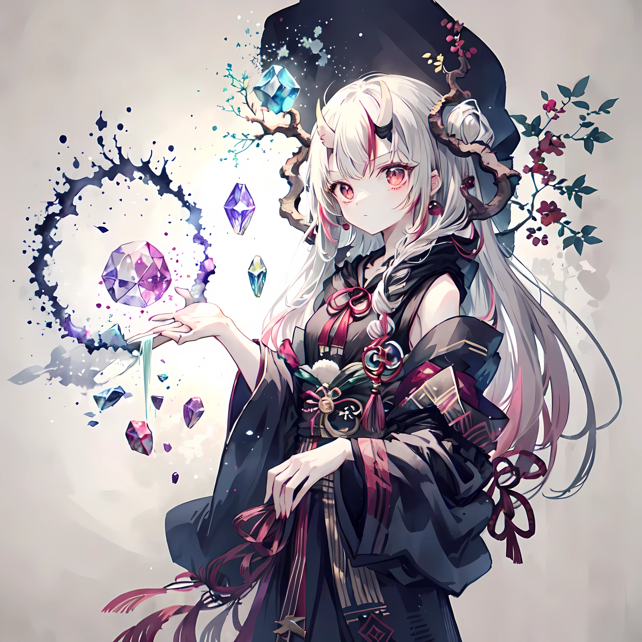 Cool colors，Girl with antlers，Dressed in a black robe，Diviner，Hold the crystal ball in the palm of your hand，Ice in the background，The temperament is very mysterious，under the crystal ball, Only supports one right hand，Holding a staff in his left hand, He is collecting ice elements