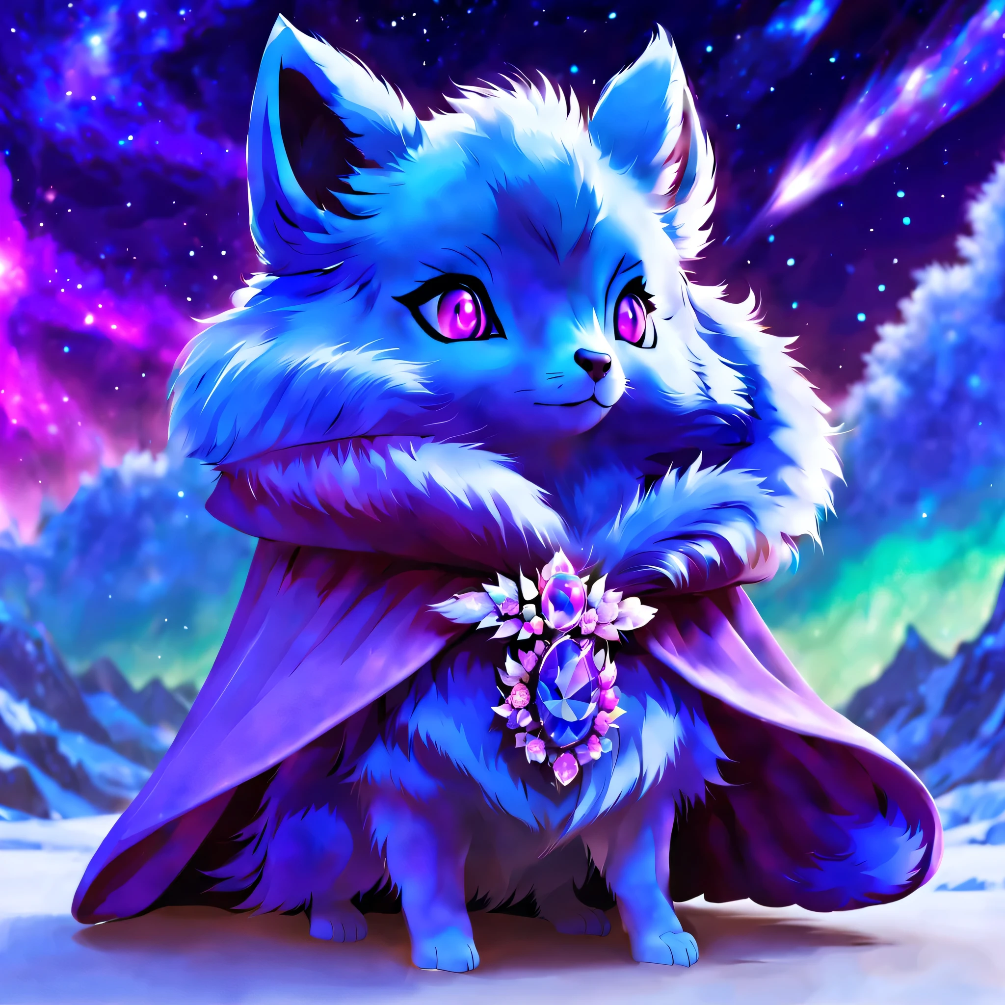  pal world nox,blue fur,(purple short cloak),brooch:head of state:Purple Gemstones,animal,cute,whole body,3D,8K,masterpiece,under the night sky,Sparkling,aurora,smooth fur