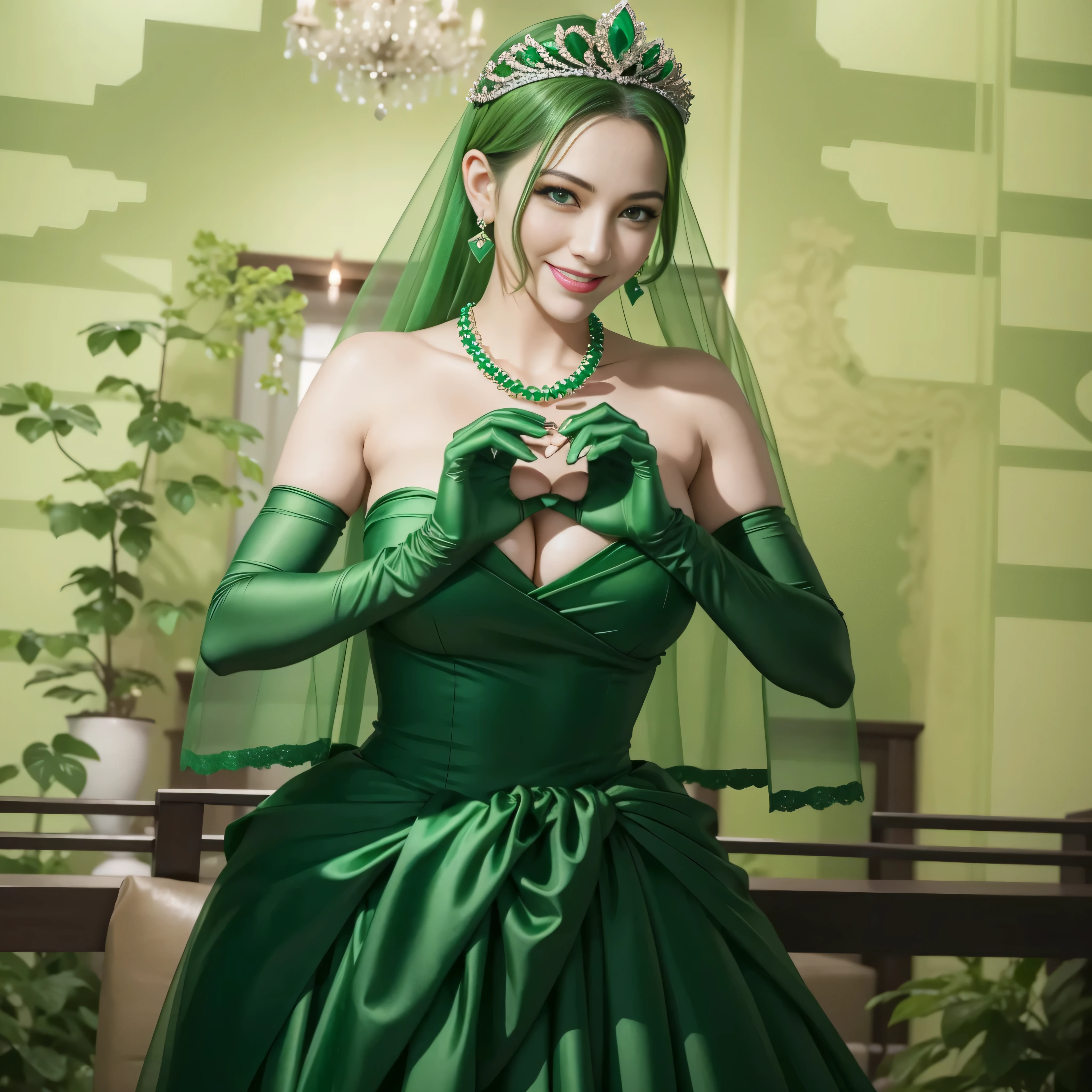 emerald tiara, green pearl necklace, ボーイッシュな非常に短いgreen hair, lipstick, smiling woman, very short hair,  Beauty with large breasts, green eyes, Long Green Satin Gloves, green eyes, emerald earrings, green veil, heart with both hands, green hair, Beautiful woman in her 30s, heart shaped hand:1.3