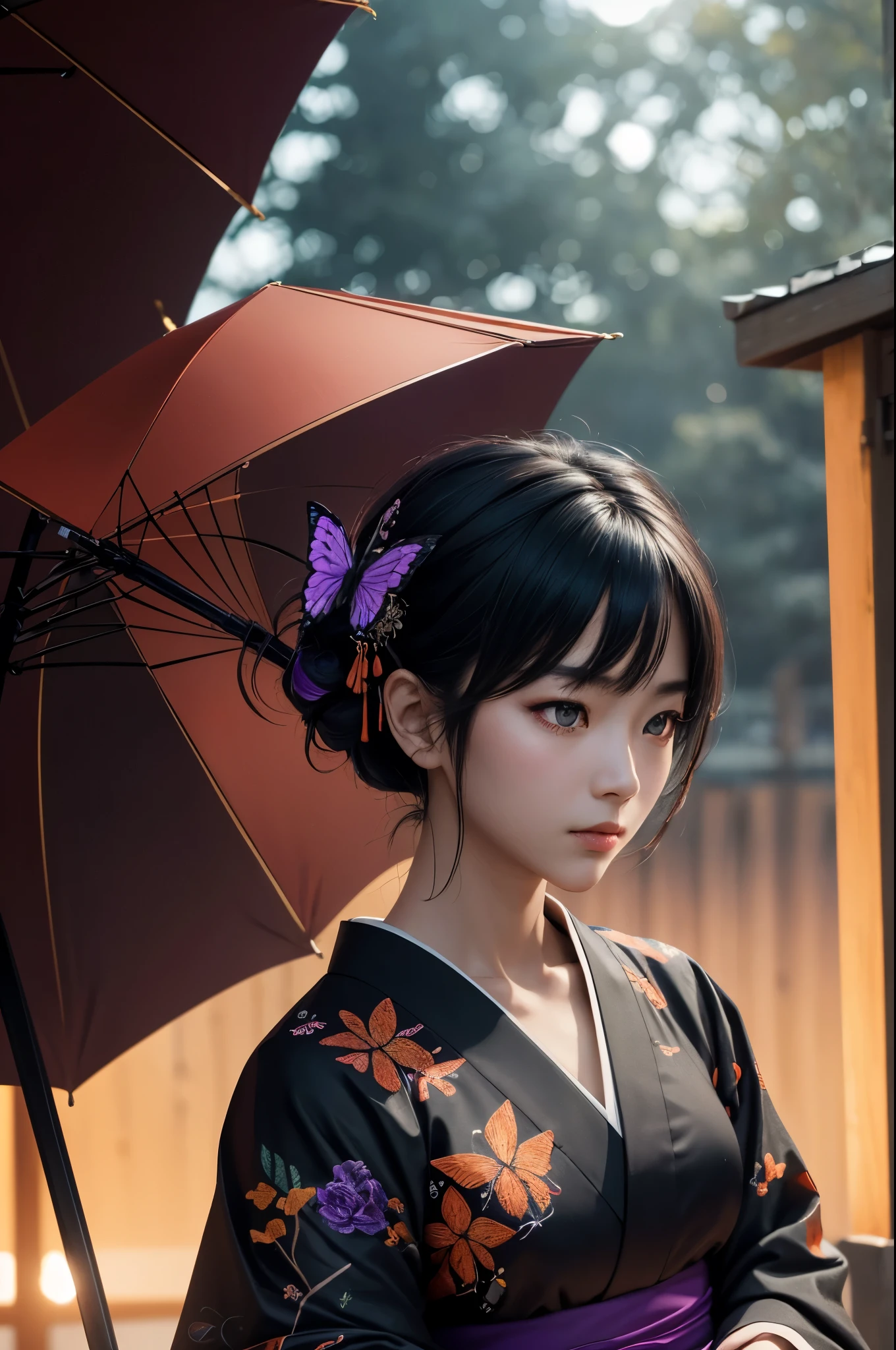 8K,Japanese traditional costume,(dark shot:1.4), 80mm, (dark shot:1.4), 80mm, epic real, Black hair short bob hair,black and purple butterfly hair ornament,black kimono and red obi,black and purple butterfly pattern(Precise butterfly embroidery),purple eyes(purple effect),Geisha paintings with European characteristics enter the Sea of Japan, range murata, a big red sun in the background, wonderful, matted, paul gauguin, art,soft cinematic light, adobe lightroom, photo lab, HDR, 複雑で非常にdetailed, (Depth of bounds written:1.4), (dark shot:1.22), Neutral Color, (HDR:1.4), (calm colors:1.4), (Complex), (artステーション:1.2), 超detailedな, dramatic, Complex細部, (technicolor:0.9), (rutkowski:0.8), cinematic, detailed, soft light, sharp, exposure blend, medium shot, Bokeh, (HDR:1.4), high contrast, (cinematic, tealとorange:0.85), (calm colors, dim color, calm colors調:1.3), low saturation, (超detailedな:1.2), (noir:0.4), soft light, sharp, exposure blend、medium shot、Bokeh、(HDR:1.4)、high contrast、(cinematic、teal、orange:0.85)、(calm colors、dim color、calm colors調:1.3)、low saturation、(hyper detail:1.2)、(noir:0.4)、(Complex細部:1.12)、HDR、(Complex細部、hyper detail:1.15)Photorealistic RAW photos of the highest quality。Bright colors,rich colors, Backlight, cinematic lighting, film grain, to be born, 50mm lens, Nikon D850,realistic skin,ファンタジーart,キャラクターart,ultra high resolution,realistic skin,sunset,Lots of poses,muscular slim body,verandah of a large mansion,