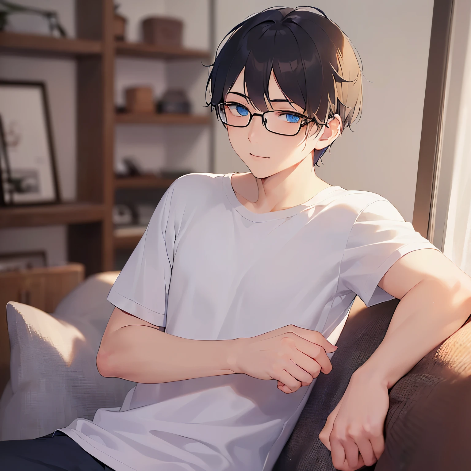plastic frame eyewear, masterpiece、high quality、(25 year old man with short black hair and blue eyes:1.5), hair over eyes, wearing a white T-shirt、(Alone:1.5)、(Gently smiling expression:1.1)、(close up of your face:1.3)、(Only the upper body is shown.:1.3)、Stay in the living room、Drinking coffee、bold composition、