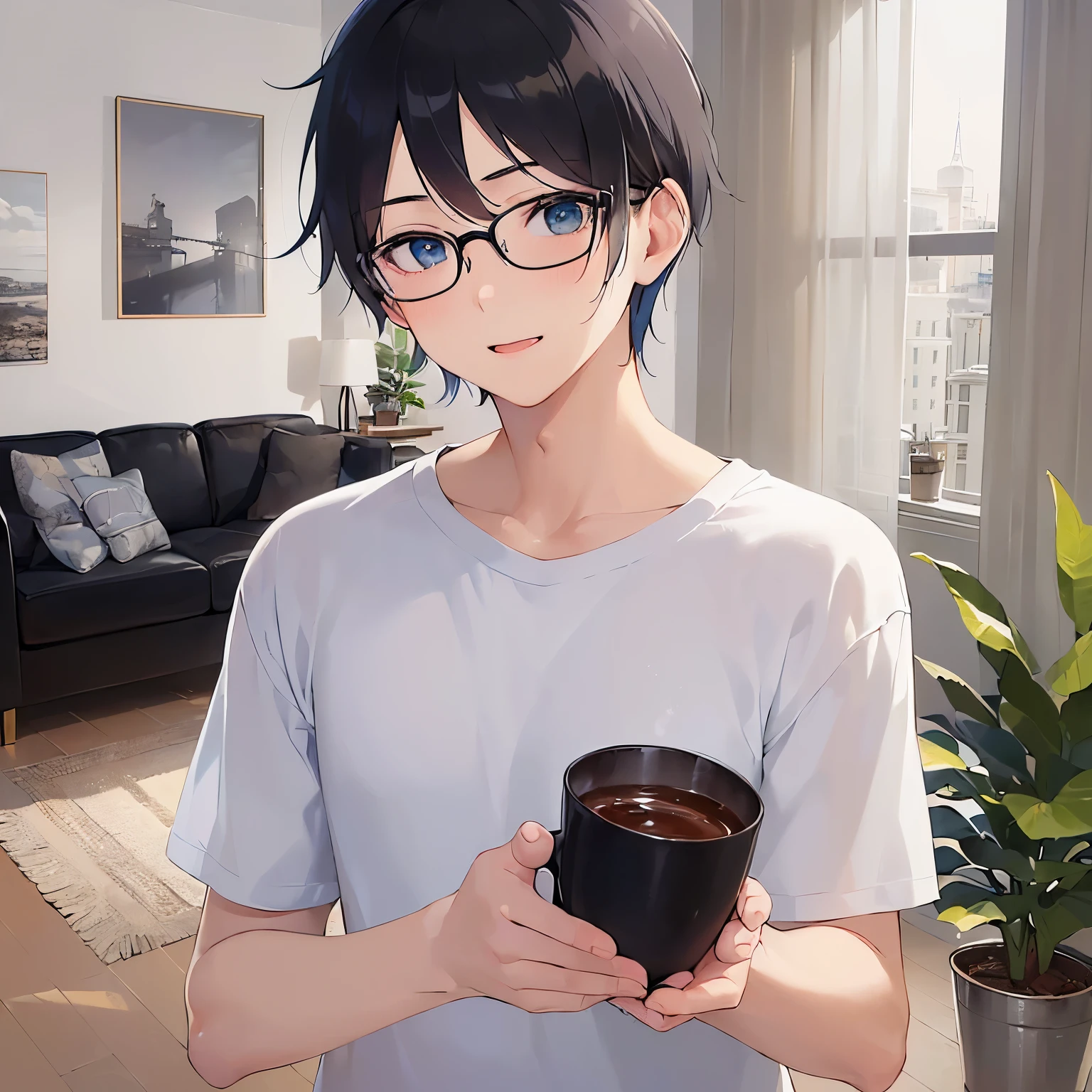 plastic frame eyewear, masterpiece、high quality、(25 year old man with short black hair and blue eyes:1.5), hair over eyes, wearing a white T-shirt、(Alone:1.5)、(Gently smiling expression:1.1)、(close up of your face:1.3)、(Only the upper body is shown.:1.3)、Stay in the living room、Drinking coffee、bold composition、