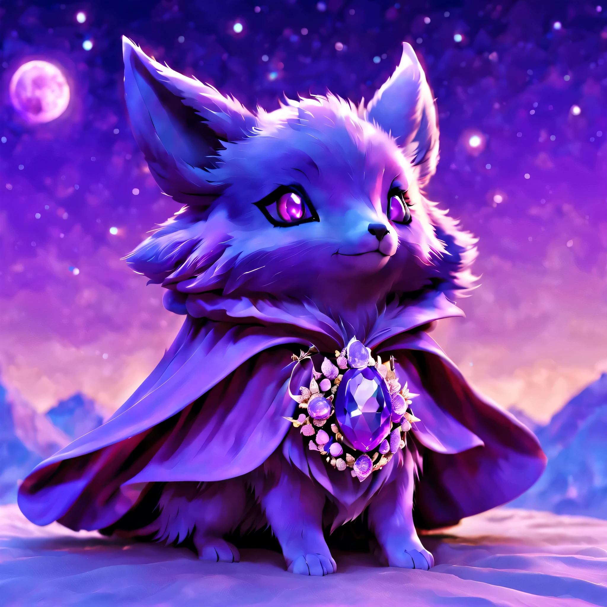  pal world nox,(purple short cloak),brooch:head of state:Purple Gemstones,animal,cute,whole body,3D,8K,masterpiece,under the night sky,Sparkling