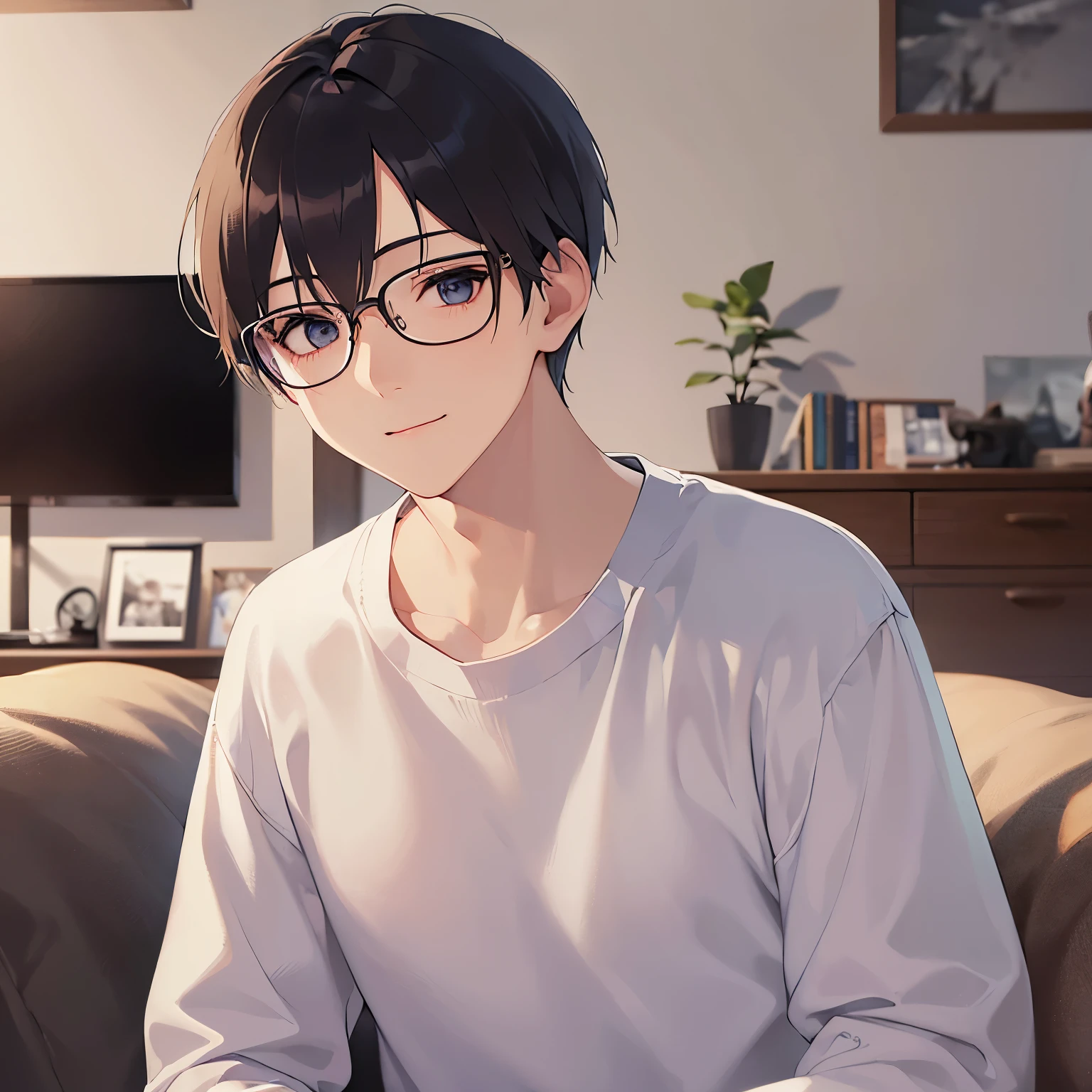 plastic frame eyewear, masterpiece、high quality、25 year old man with short black hair and blue eyes、hair over eyes, wearing a white T-shirt、(Alone:1.5)、(Gently smiling expression:1.1)、(close up of your face:1.3)、(Only the upper body is shown.:1.3)、Stay in the living room、Drinking coffee、bold composition、