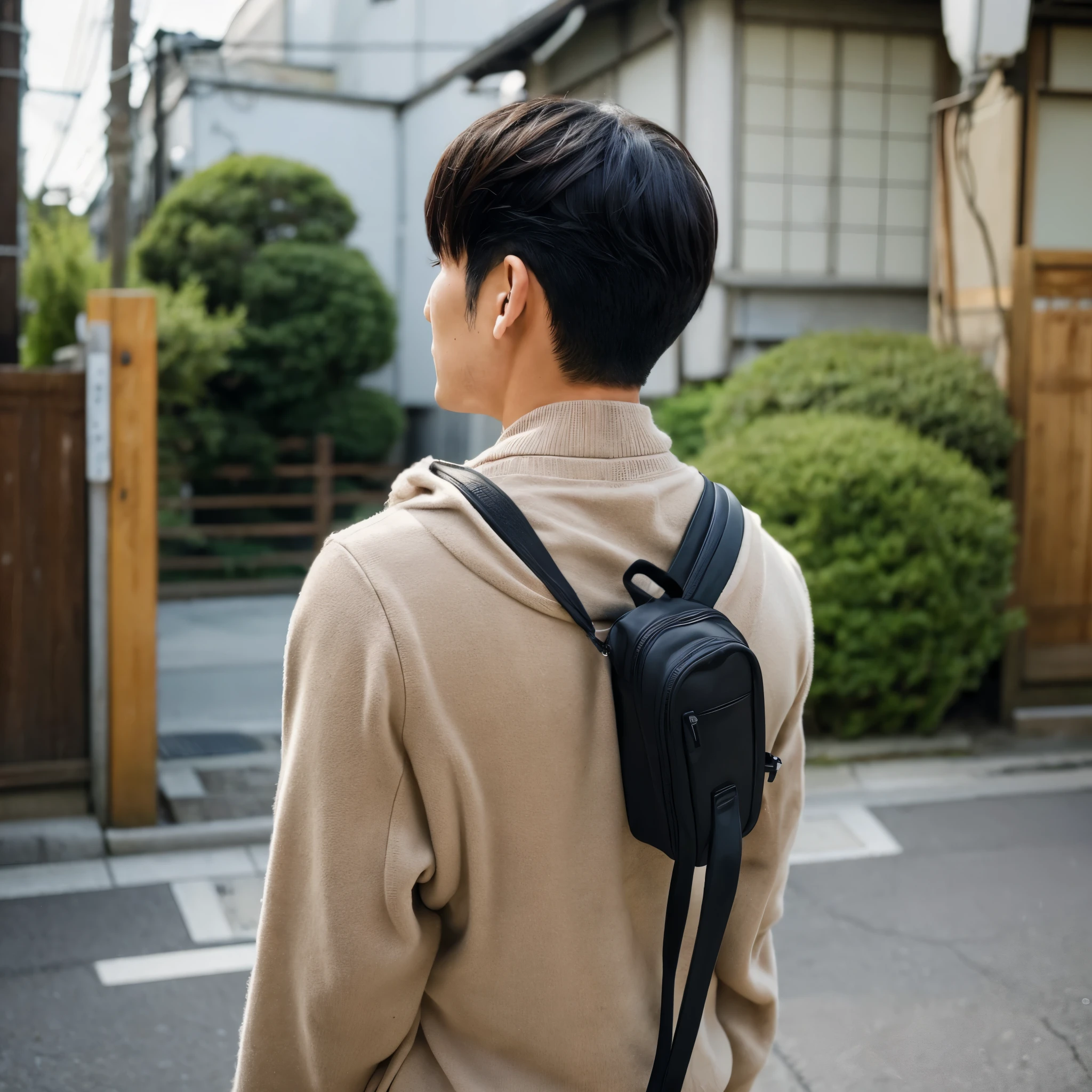 Back view of a cool Japanese man aged 45、1 person、short hair