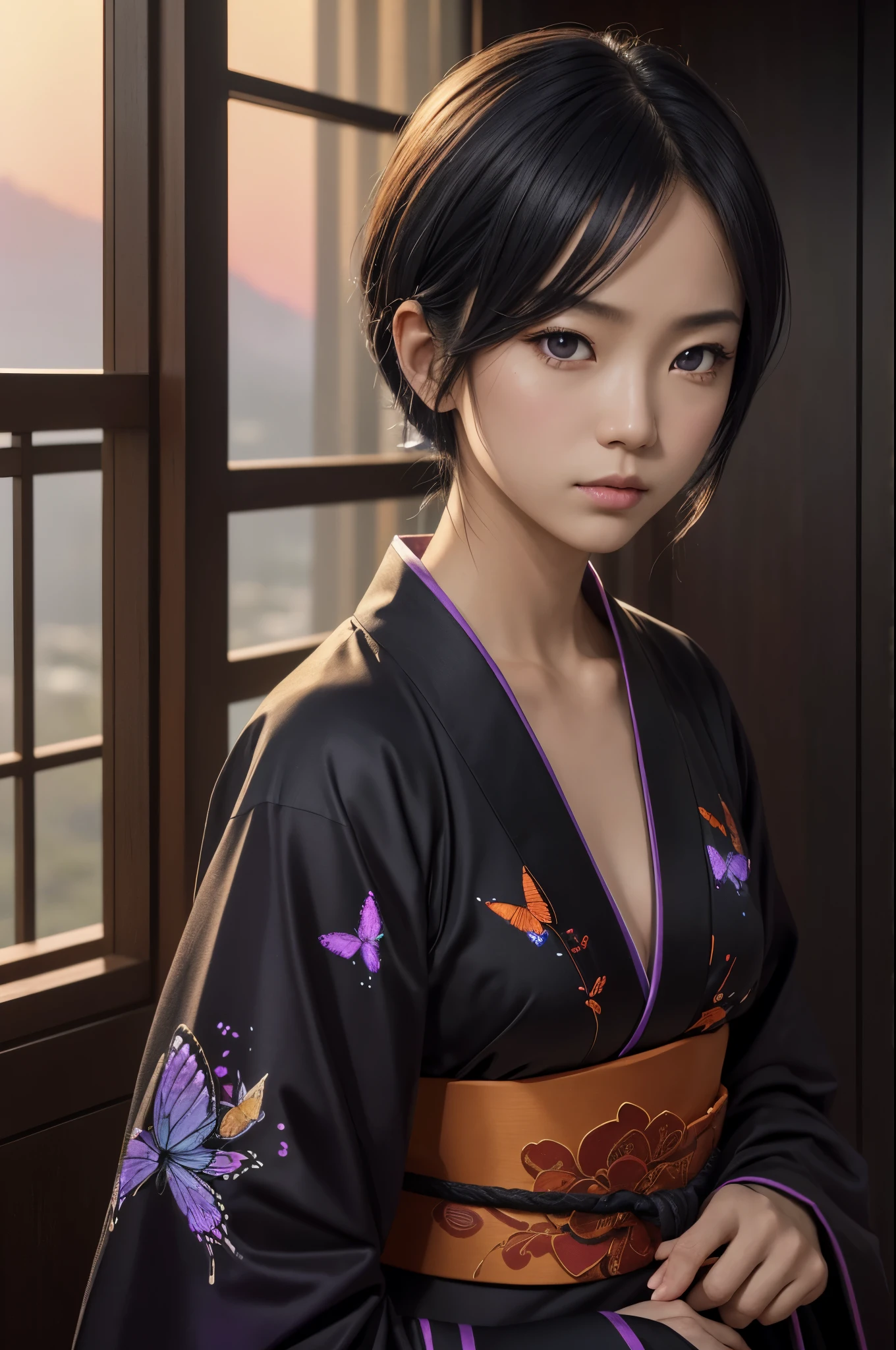 8K,Japanese traditional costume,(dark shot:1.4), 80mm, (dark shot:1.4), 80mm, epic real, Black hair short bob hair,black and purple butterfly hair ornament,black kimono and red obi,black and purple butterfly pattern(Precise butterfly embroidery),purple eyes(purple effect),Geisha paintings with European characteristics enter the Sea of Japan, range murata, a big red sun in the background, wonderful, matted, paul gauguin, art,soft cinematic light, adobe lightroom, photo lab, HDR, 複雑で非常にdetailed, (Depth of bounds written:1.4), (dark shot:1.22), Neutral Color, (HDR:1.4), (calm colors:1.4), (Complex), (artステーション:1.2), 超detailedな, dramatic, Complex細部, (technicolor:0.9), (rutkowski:0.8), cinematic, detailed, soft light, sharp, exposure blend, medium shot, Bokeh, (HDR:1.4), high contrast, (cinematic, tealとorange:0.85), (calm colors, dim color, calm colors調:1.3), low saturation, (超detailedな:1.2), (noir:0.4), soft light, sharp, exposure blend、medium shot、Bokeh、(HDR:1.4)、high contrast、(cinematic、teal、orange:0.85)、(calm colors、dim color、calm colors調:1.3)、low saturation、(hyper detail:1.2)、(noir:0.4)、(Complex細部:1.12)、HDR、(Complex細部、hyper detail:1.15)Photorealistic RAW photos of the highest quality。Bright colors,rich colors, Backlight, cinematic lighting, film grain, to be born, 50mm lens, Nikon D850,realistic skin,ファンタジーart,キャラクターart,ultra high resolution,realistic skin,sunset,Lots of poses,muscular slim body,verandah of a large mansion,